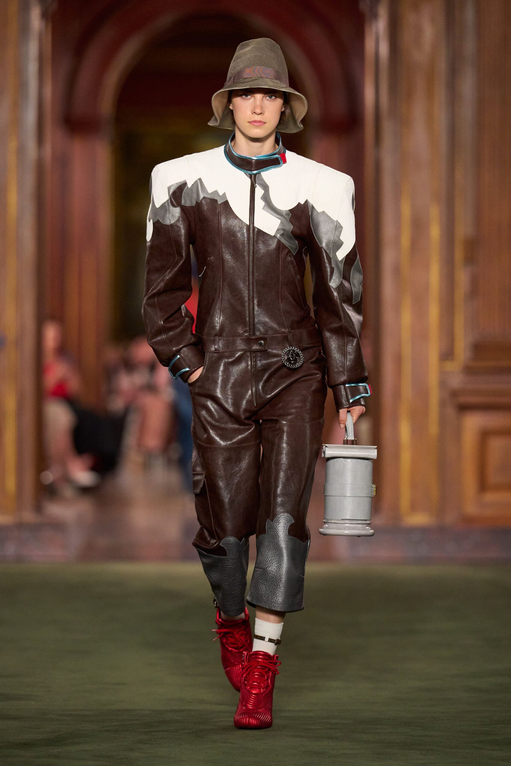 brown leather long-sleeve collared fitted color-blocked jumpsuit