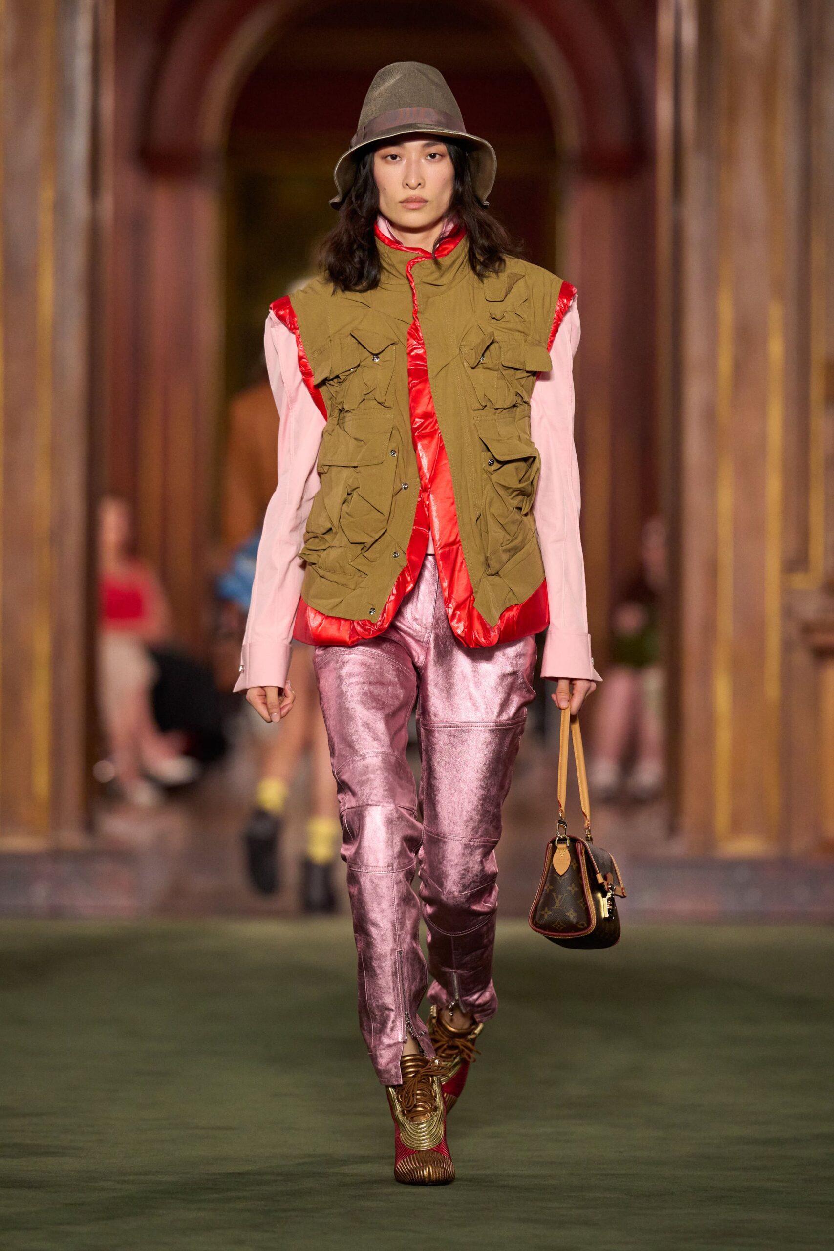 pink silk slim straight-leg shiny pants