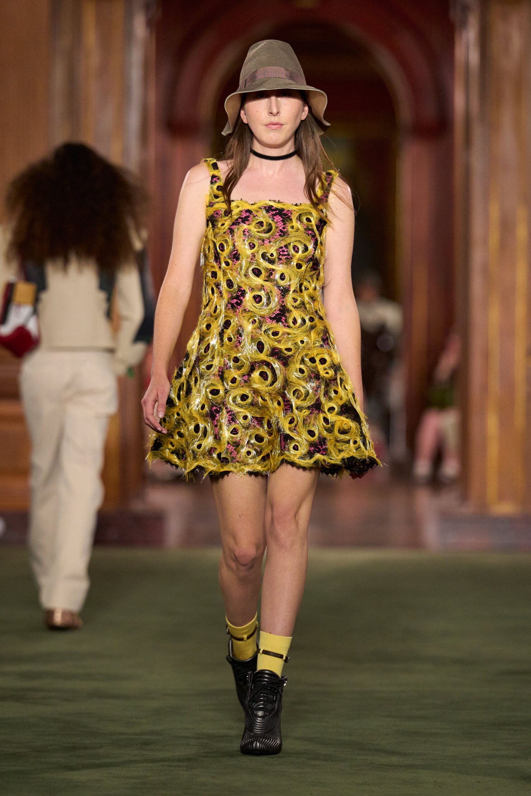 yellow silk sleeveless v-neck fitted flared embroidered dress