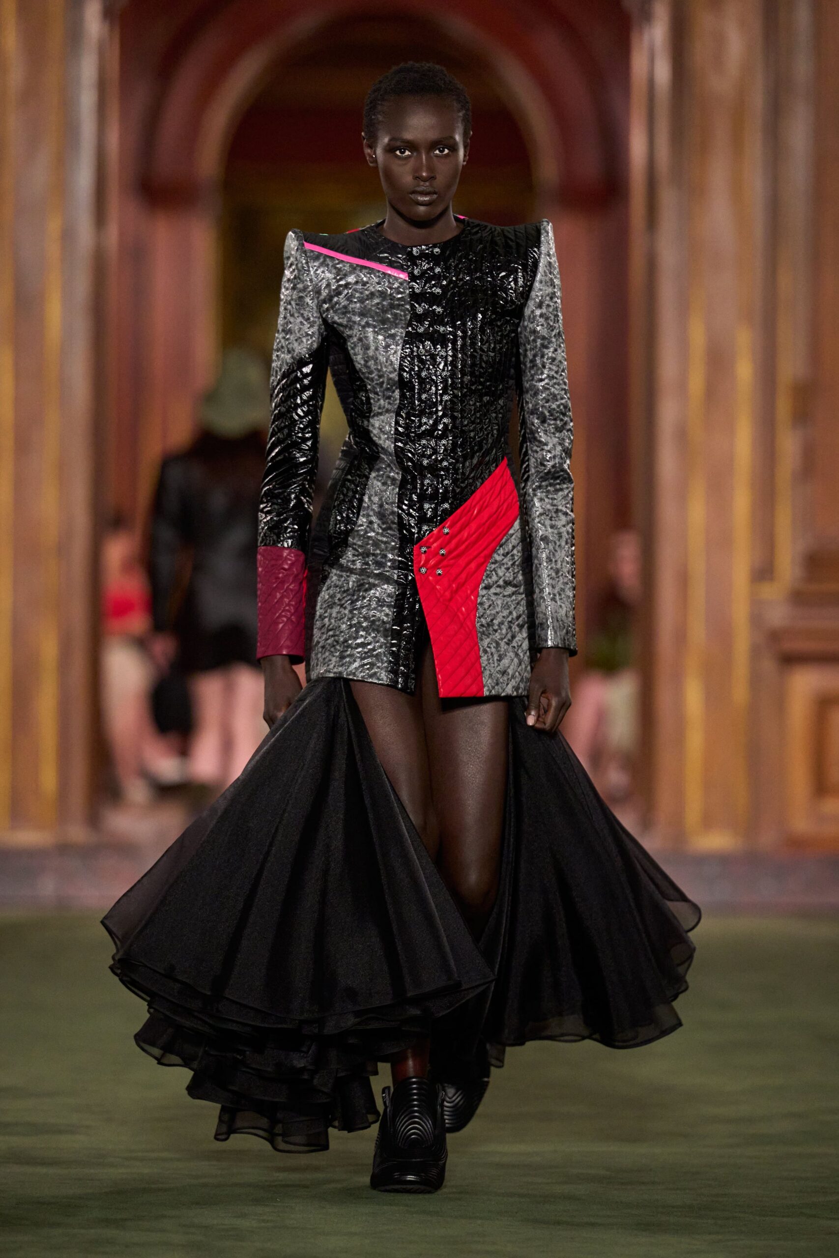 black leather long-sleeve collared fitted zippered pleated dress