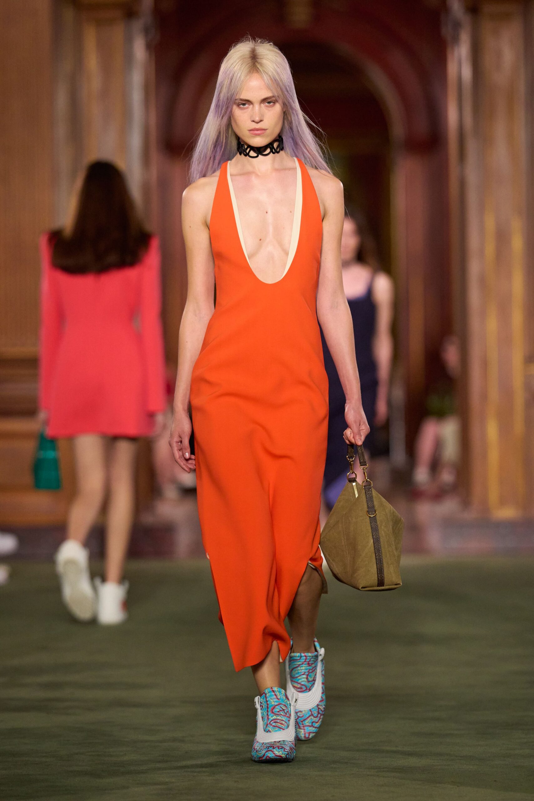 orange silk sleeveless v-neck fitted midi dress