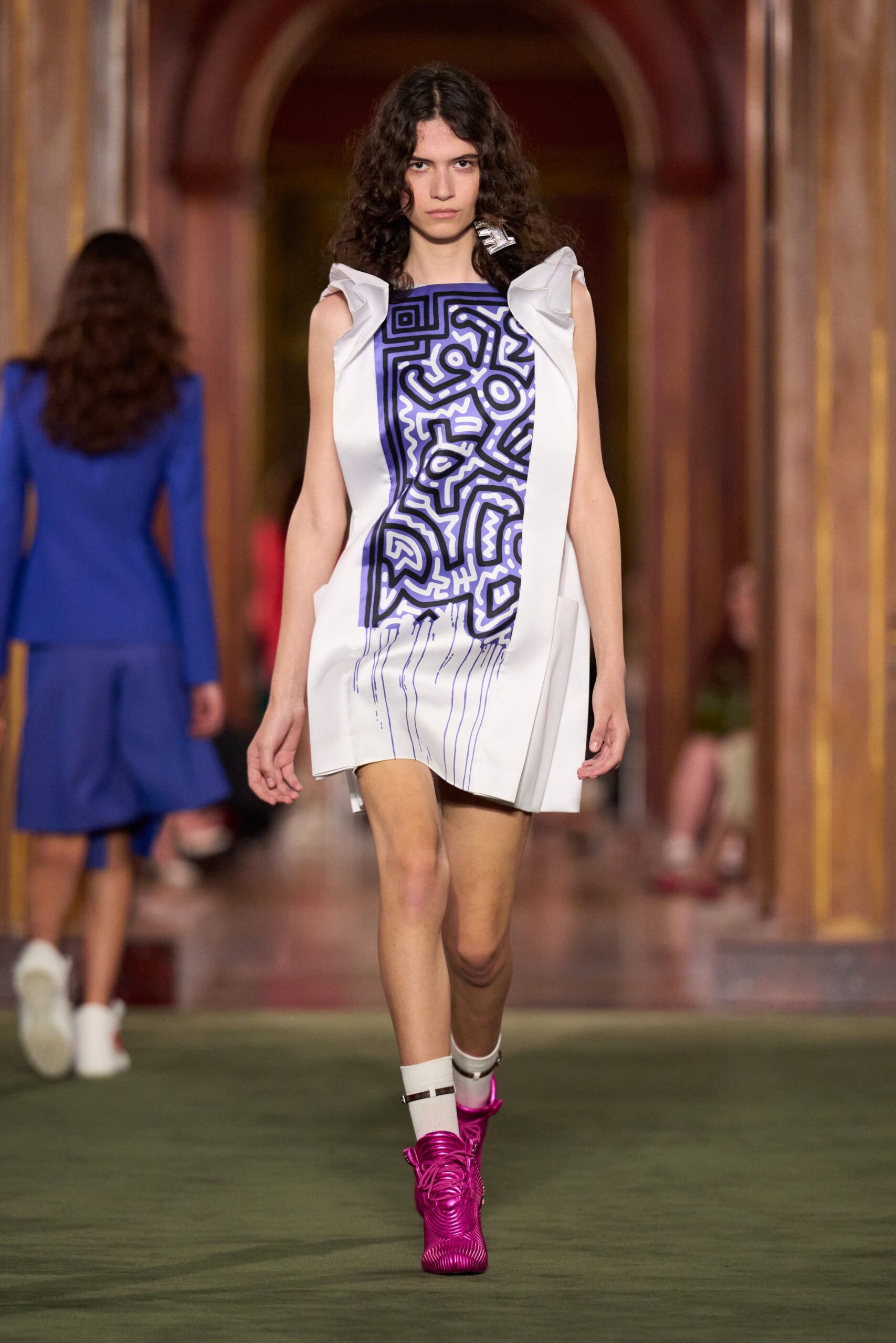 white cotton sleeveless high-neck fitted printed mini dress