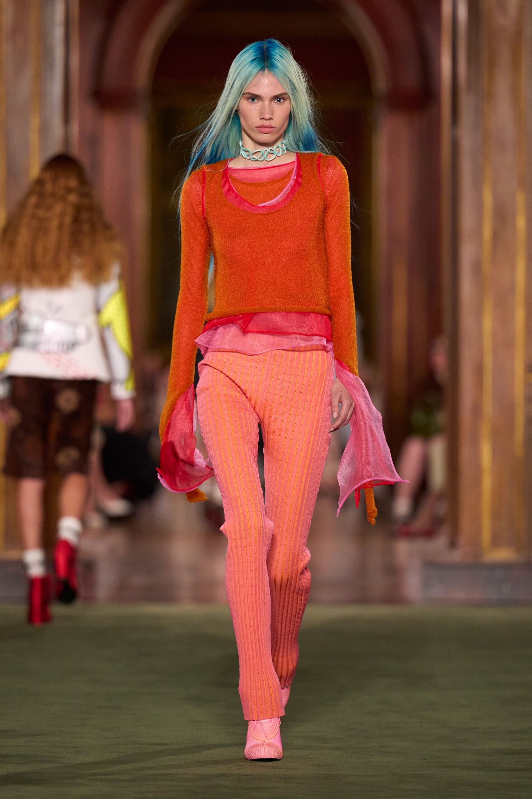 orange wool long-sleeve v-neck fitted layered top