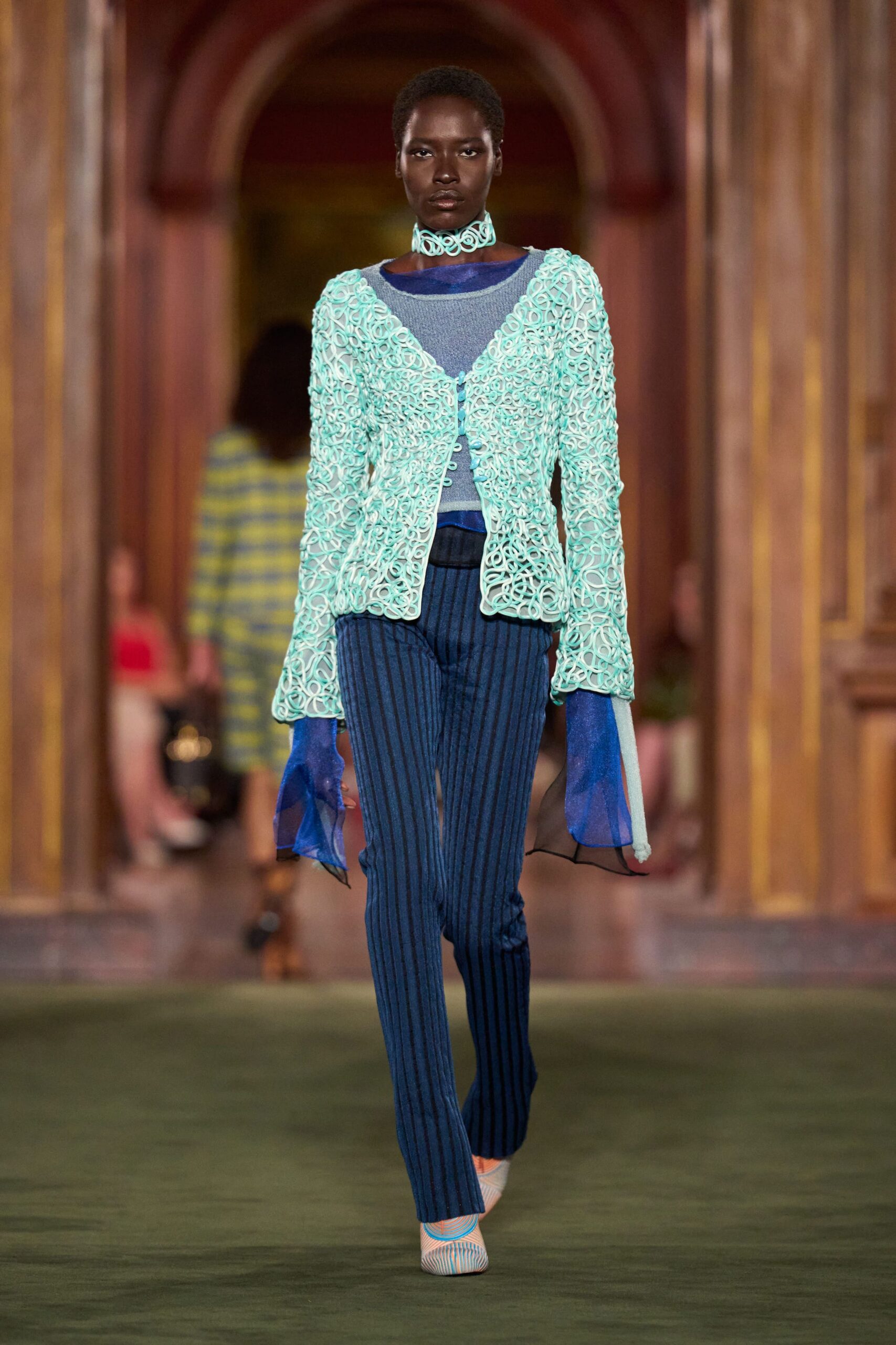 blue lace cardigan with striped pants