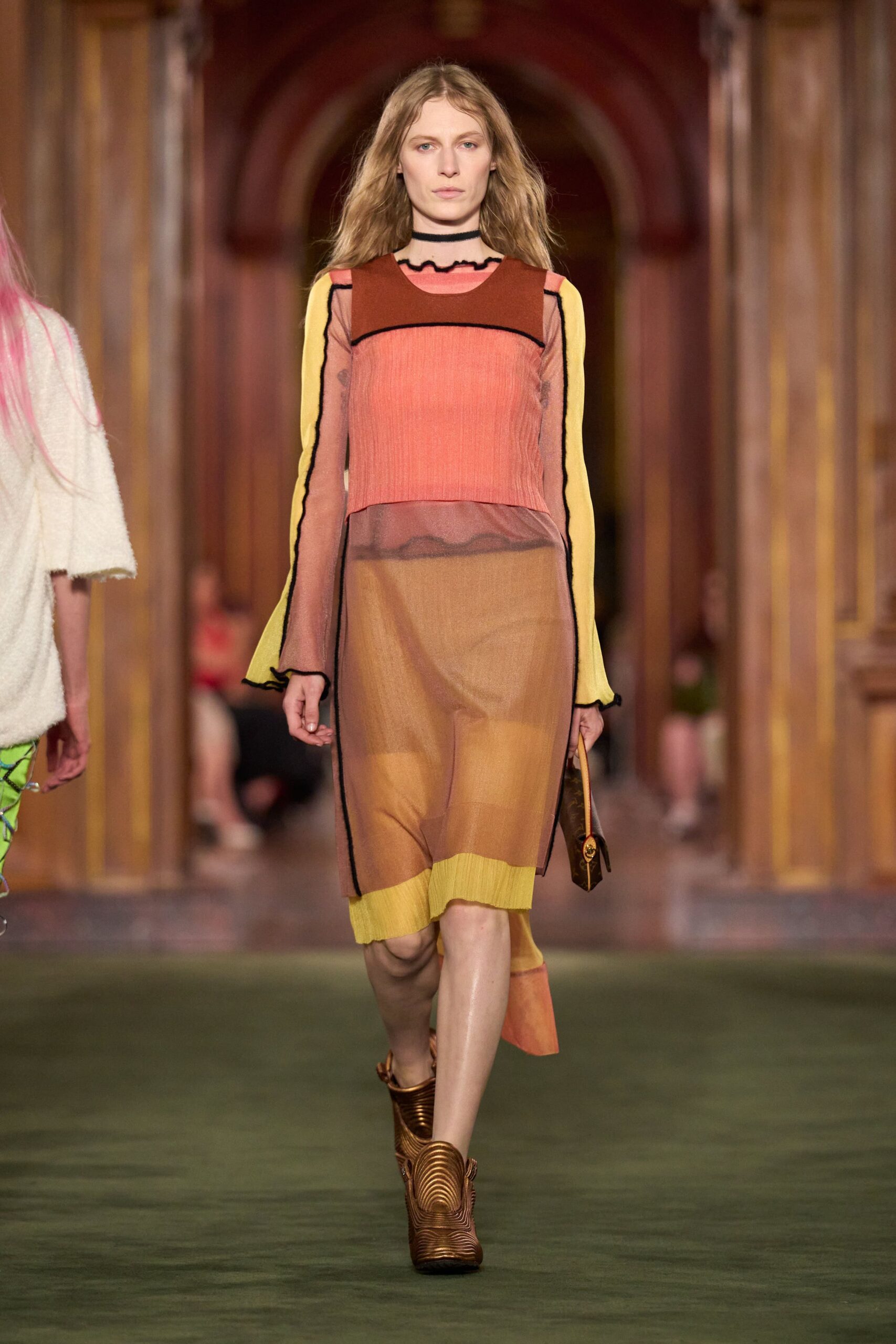 orange silk long-sleeve v-neck fitted layered pleated dress