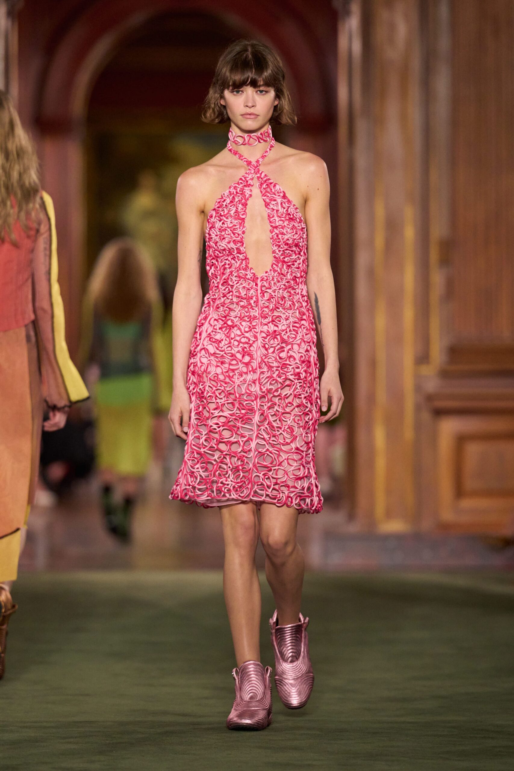 pink silk sleeveless high-neck fitted embroidered sheer dress