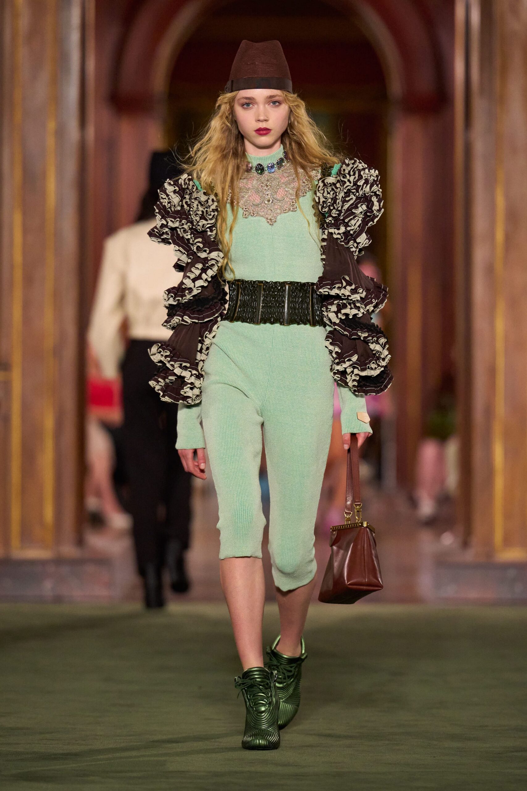 green cotton short-sleeve high-neck fitted ruffled layered jumpsuit