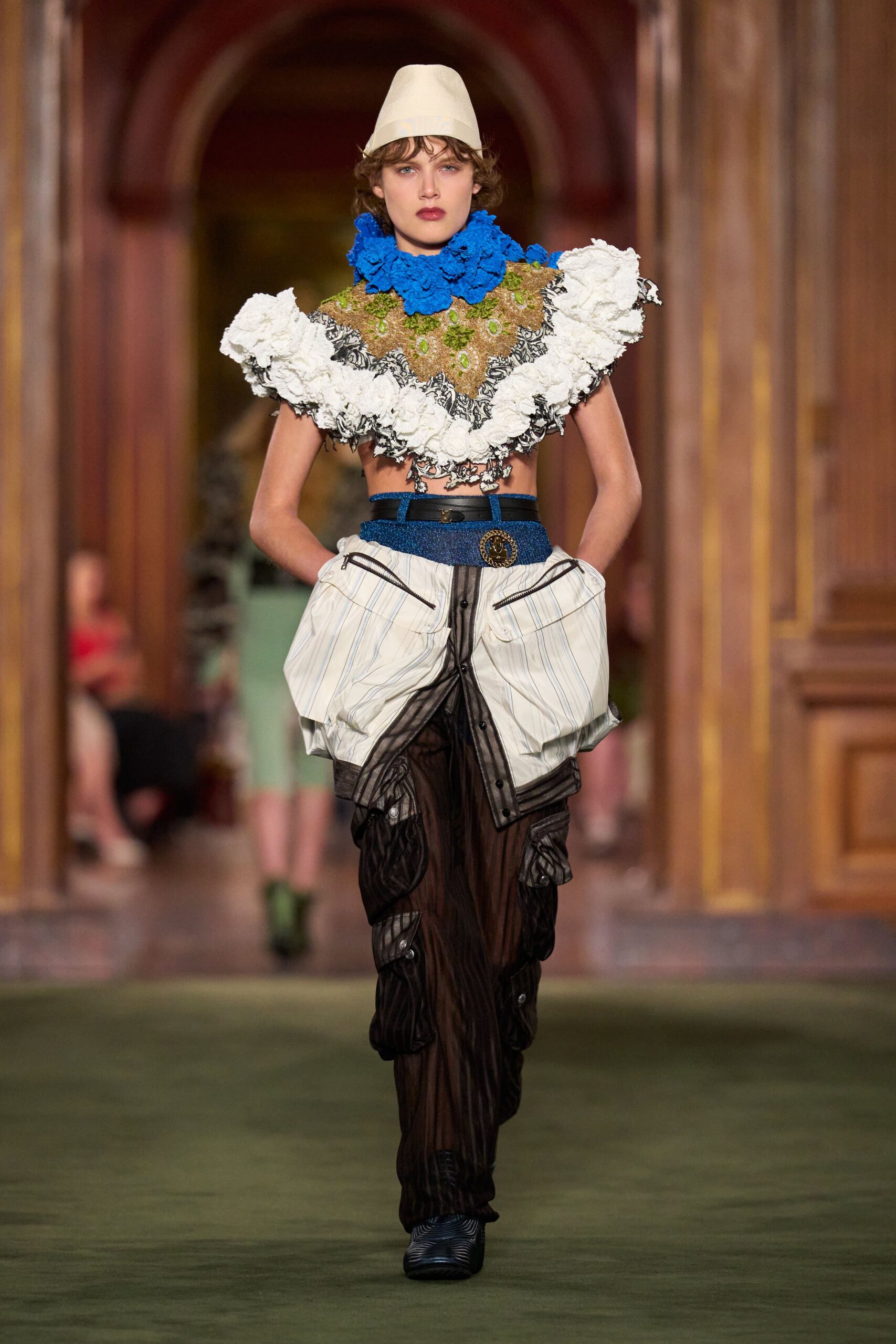 blue cotton sleeveless fitted ruffled top