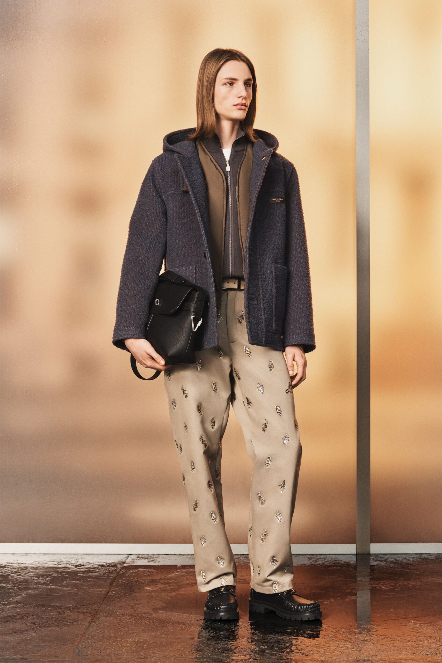 blue wool long-sleeve collared relaxed jacket