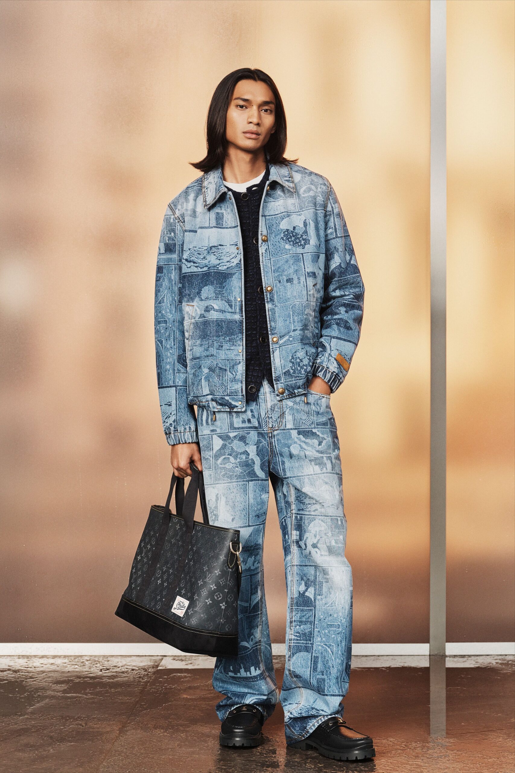 blue denim long-sleeve collared relaxed buttoned jacket