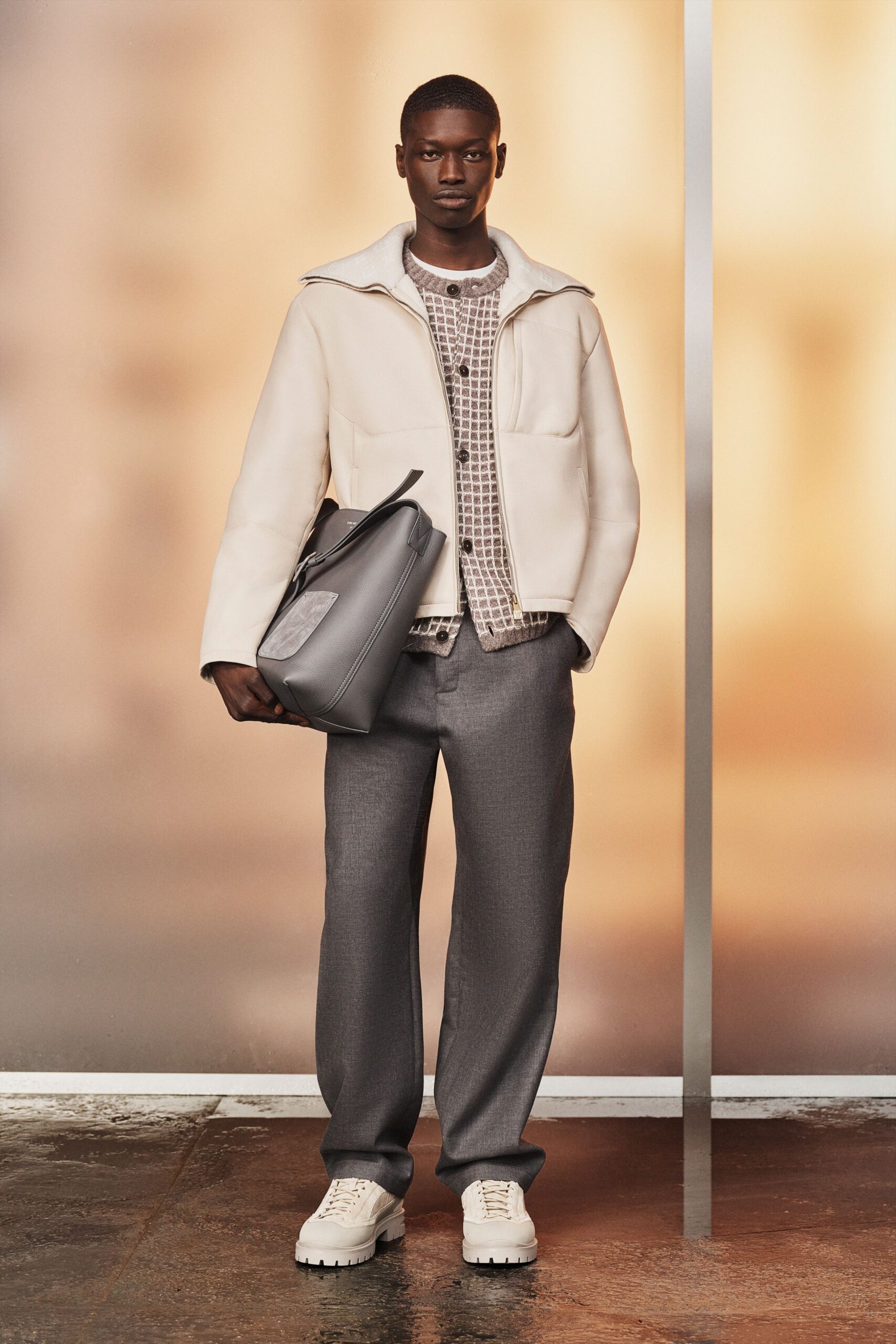 white leather long-sleeve collared relaxed jacket