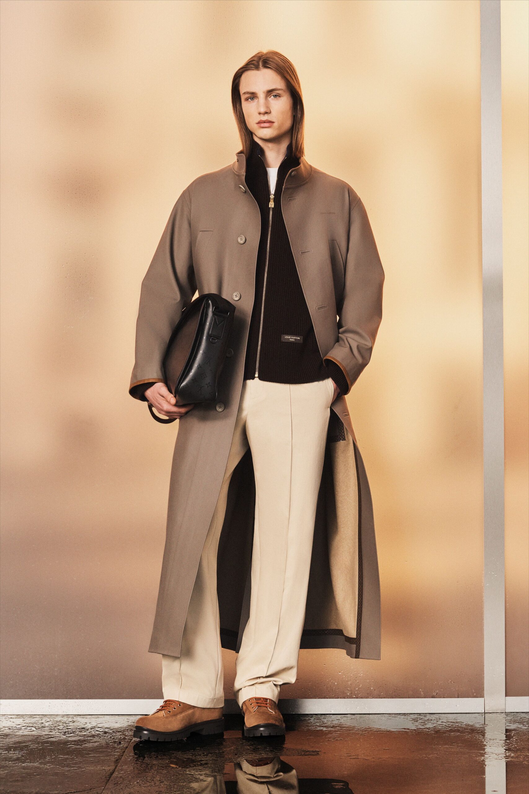 beige wool long-sleeve collared relaxed buttoned maxi coat