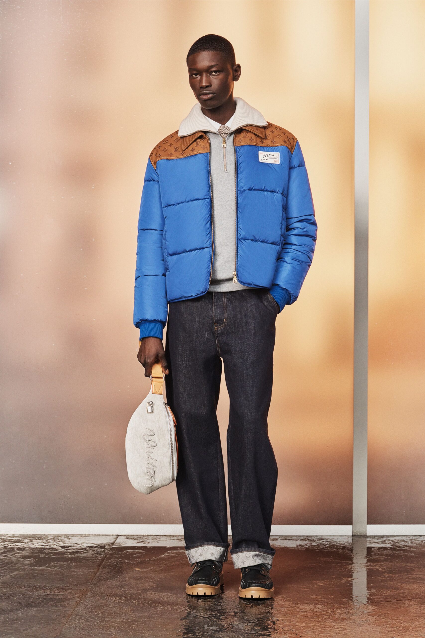 blue cotton long-sleeve collared relaxed zippered jacket