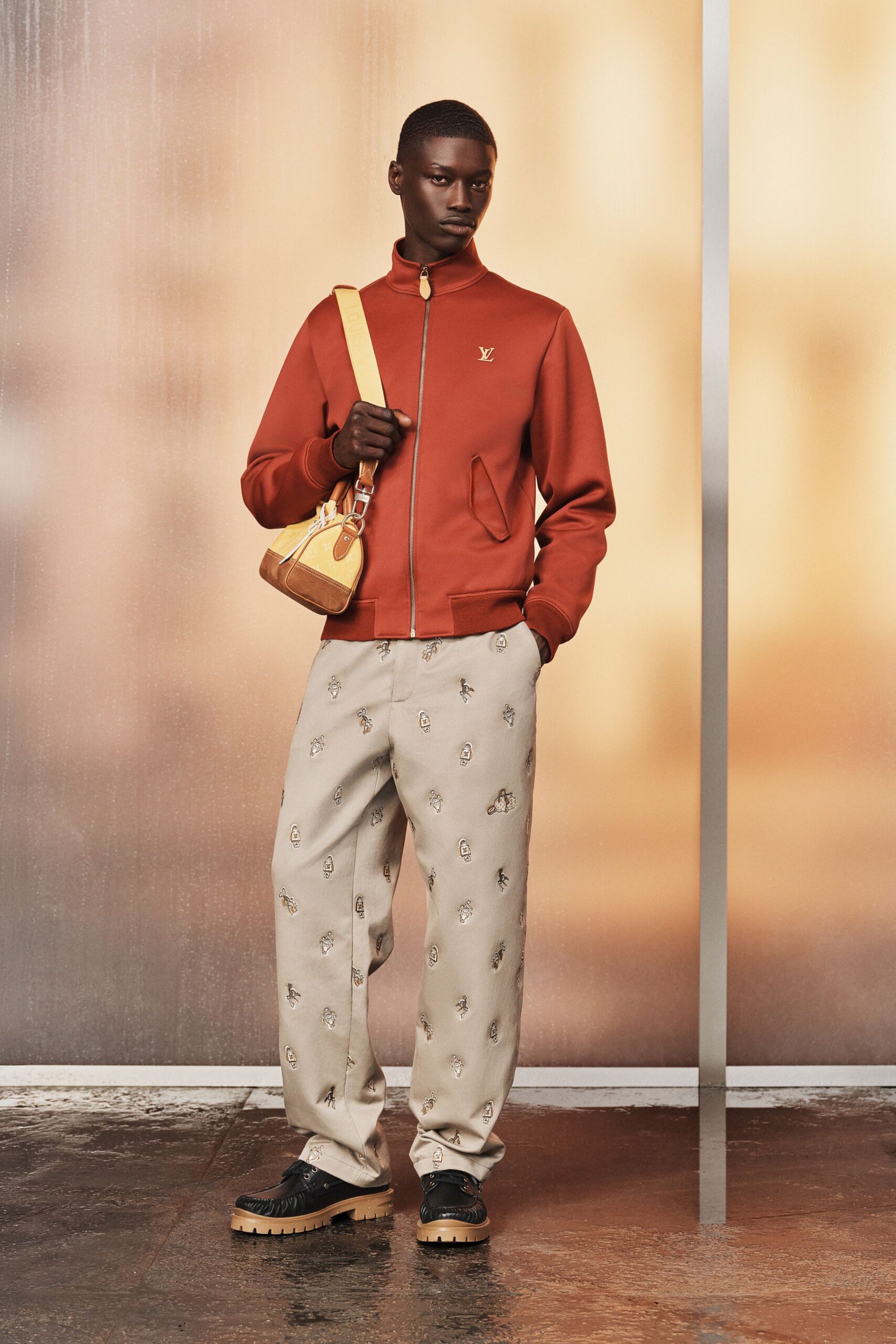 red cotton long-sleeve collared relaxed jacket
