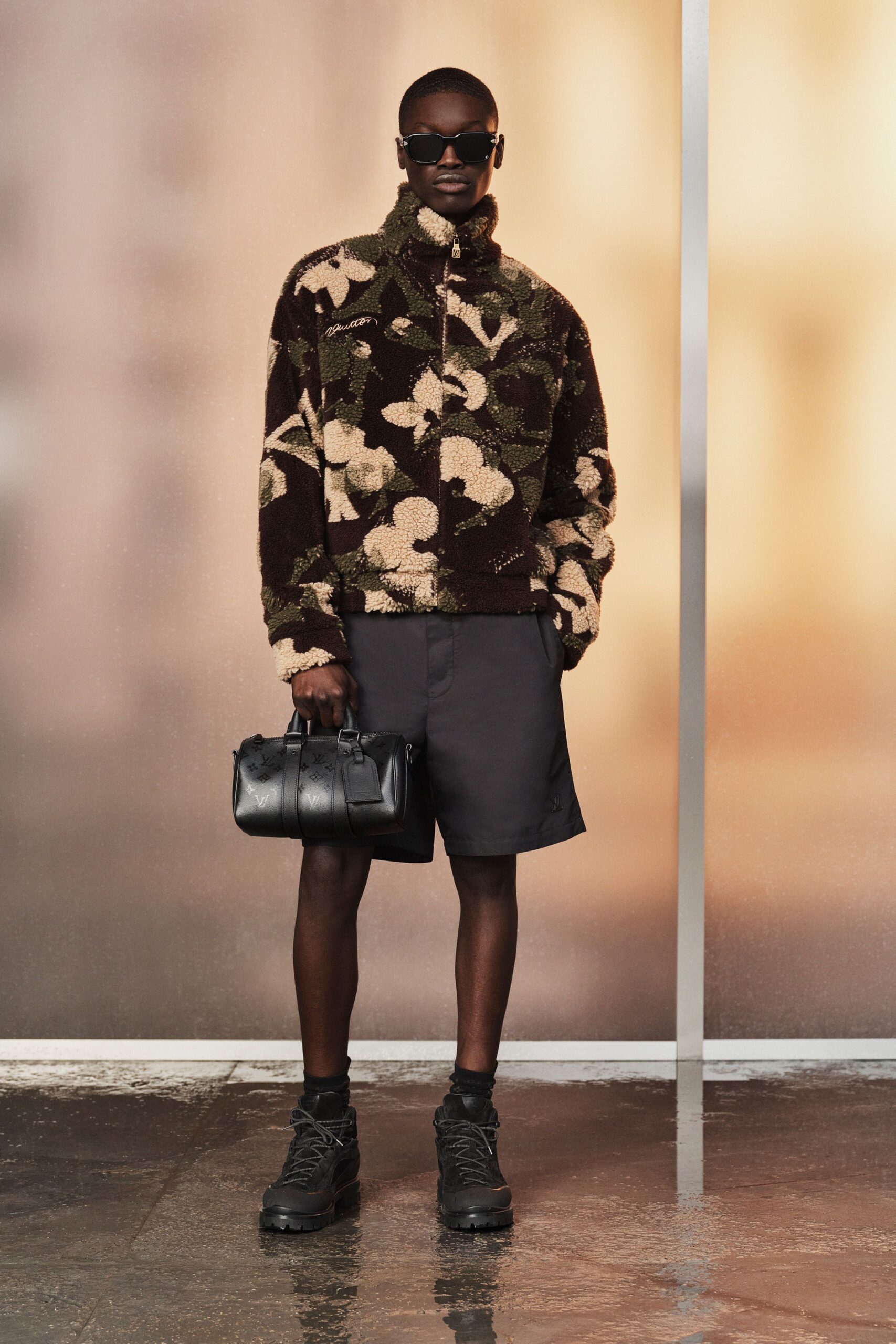 brown faux-fur high-neck long-sleeve relaxed floral jacket