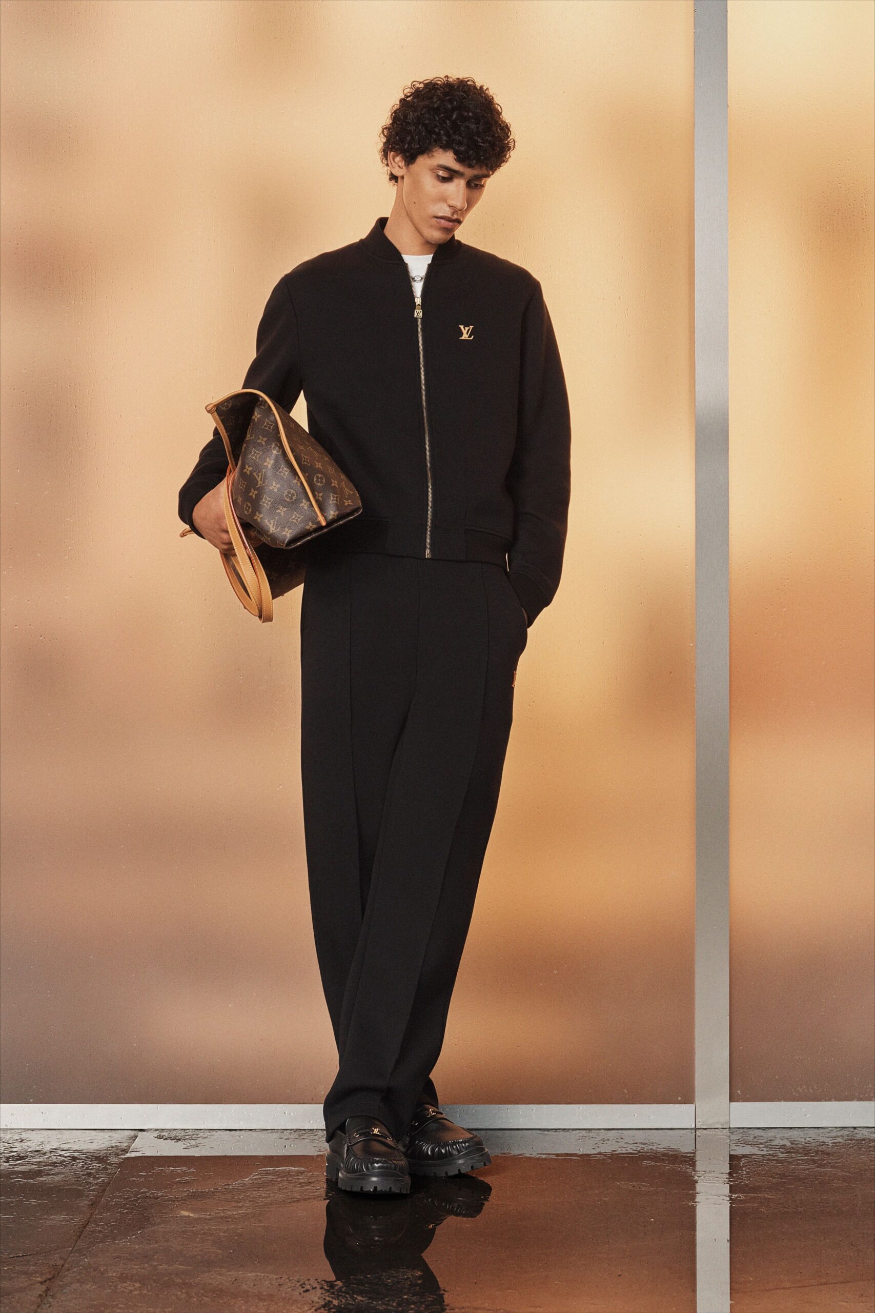 black cotton long-sleeve collared relaxed zippered jacket