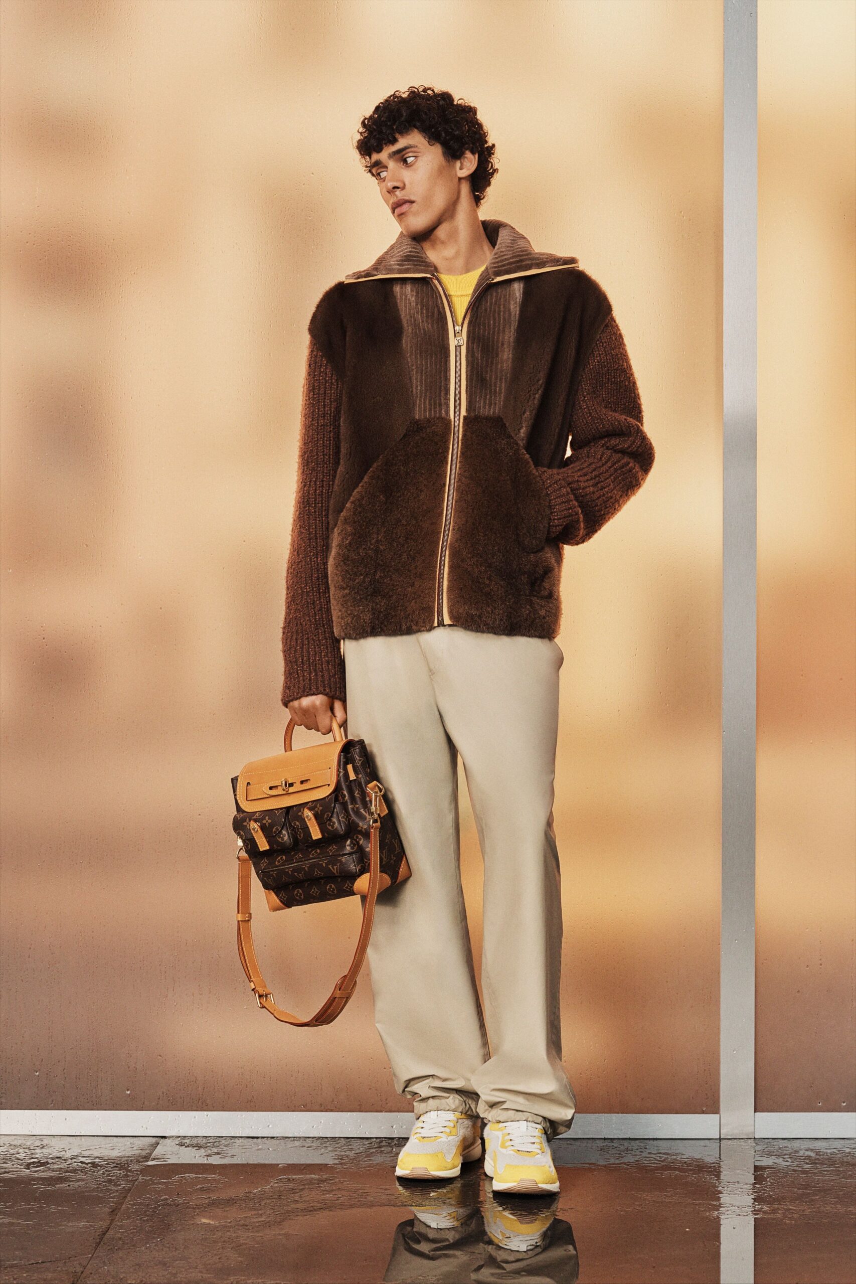 brown faux-fur long-sleeve collared relaxed zippered jacket