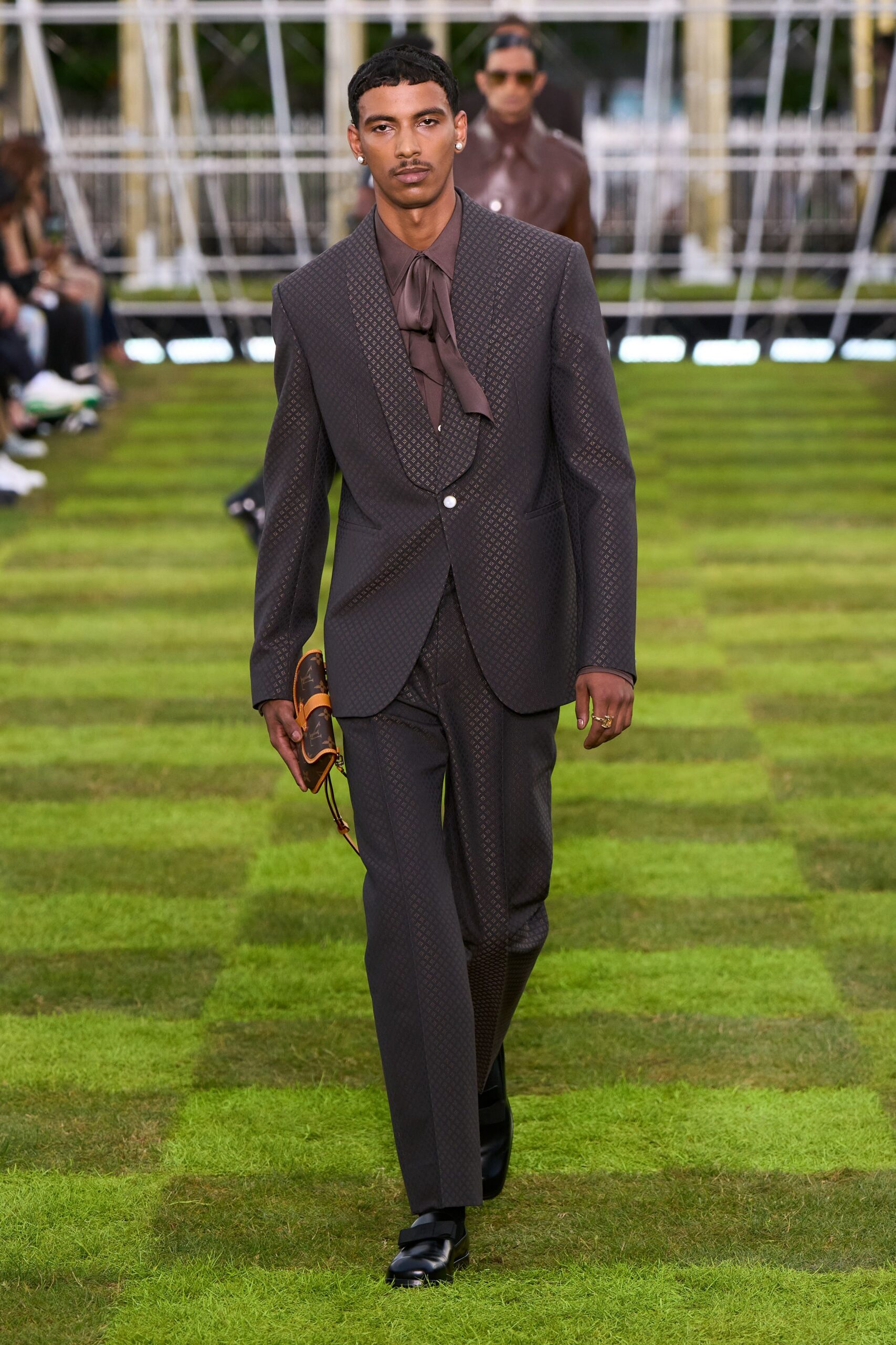 brown silk long-sleeve collared tailored buttoned printed suit