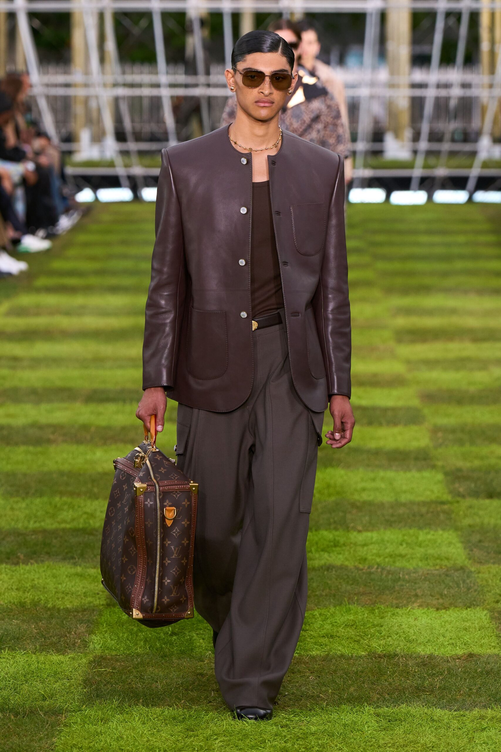 brown leather long-sleeve collared structured jacket