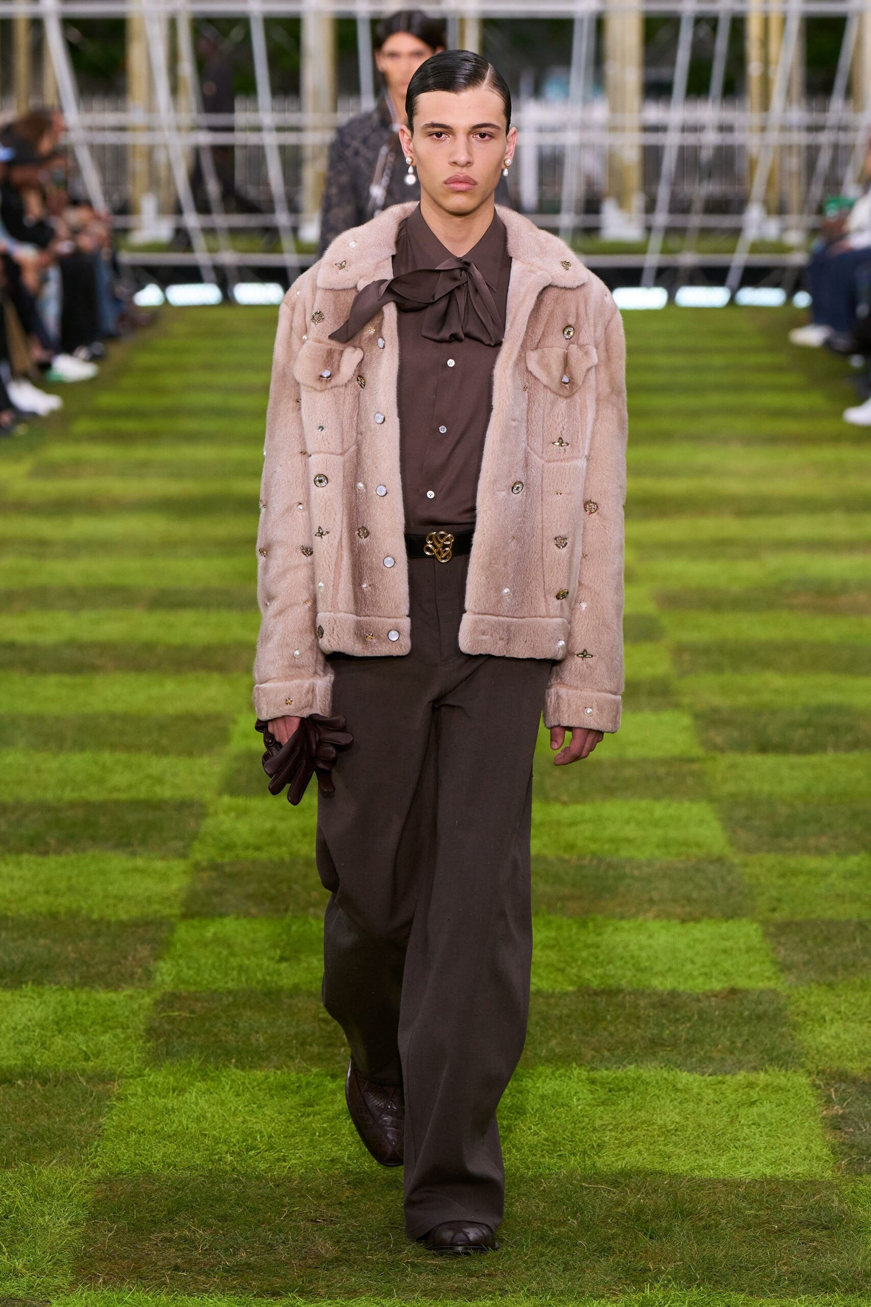 beige fur long-sleeve collared relaxed buttoned embellished jacket