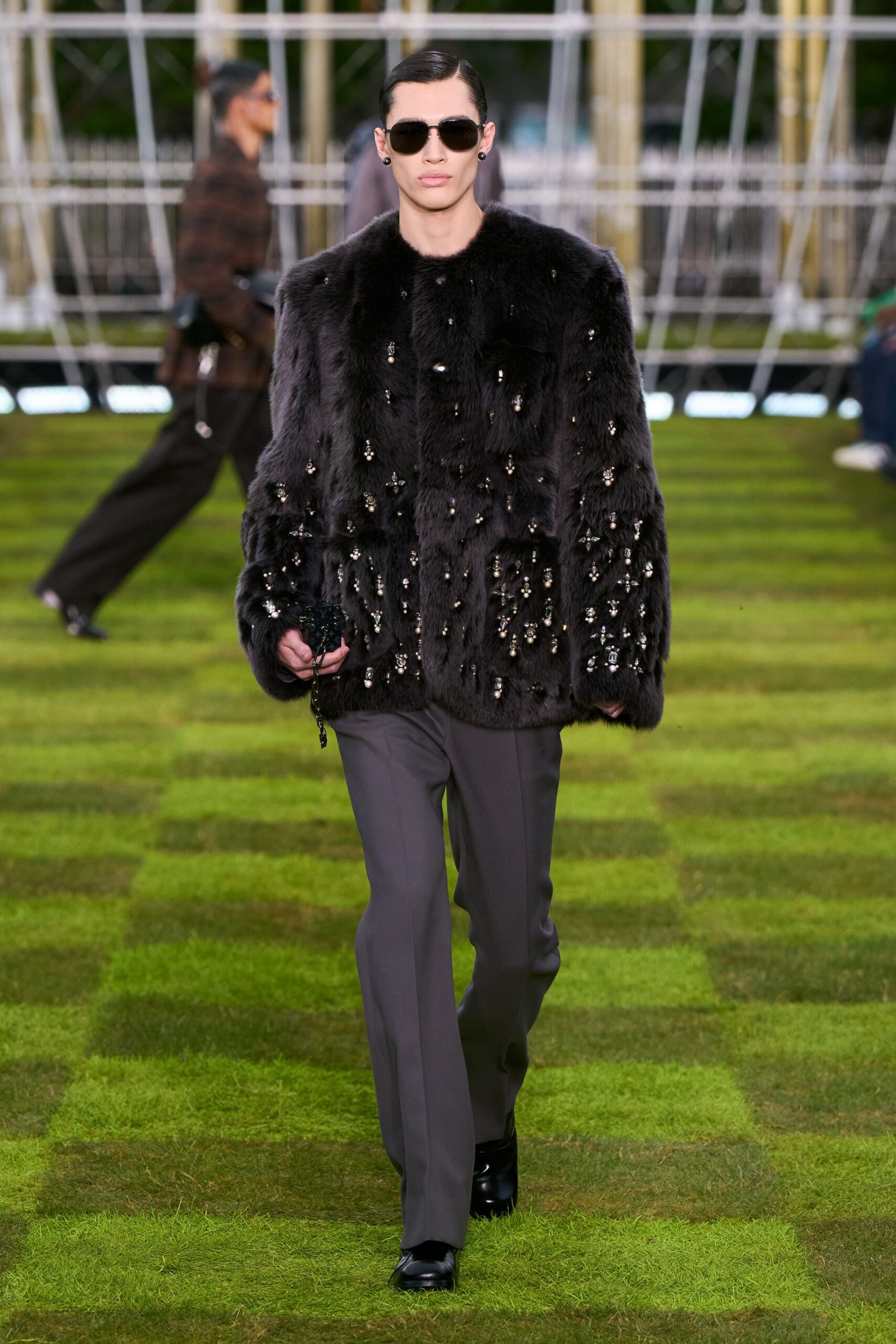 black faux-fur long-sleeve relaxed beaded coat