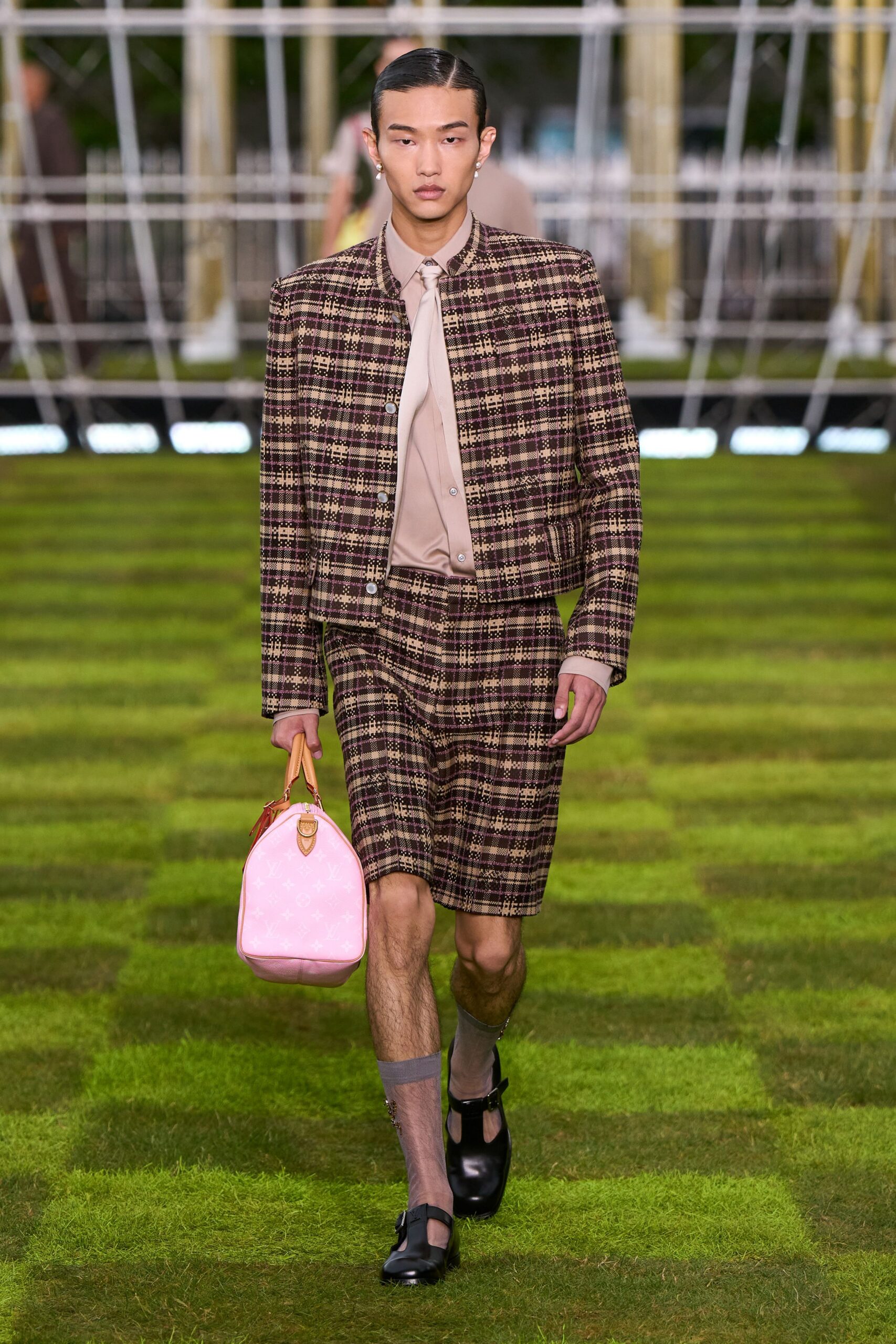 brown cotton long-sleeve collared structured checked jacket