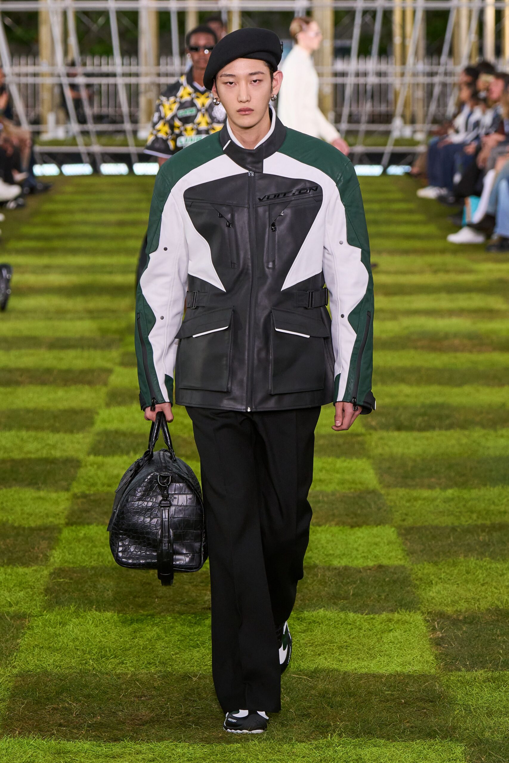 black leather long-sleeve collared relaxed zippered color-blocked jacket