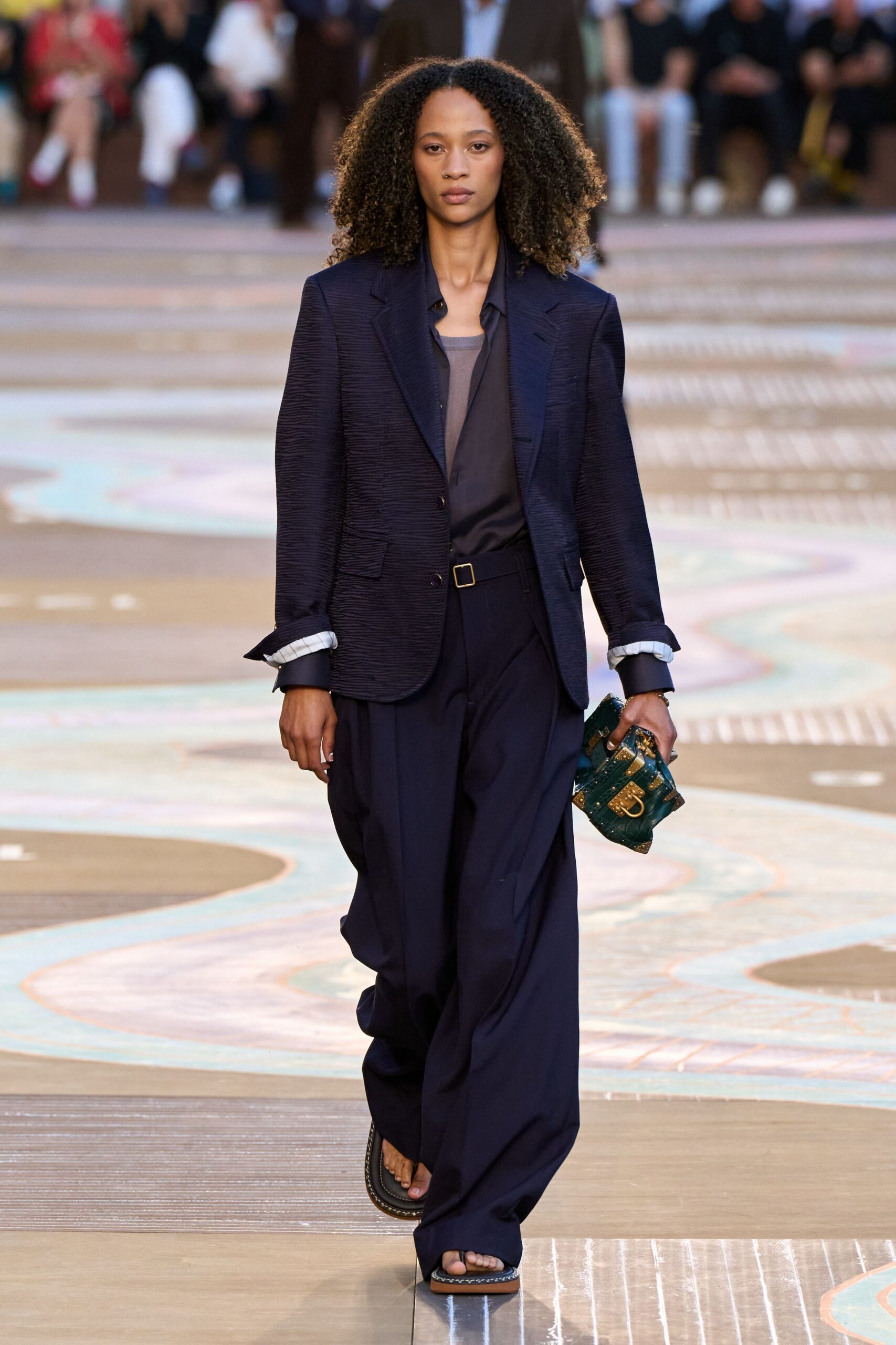 navy tailored blazer with wide-leg pants