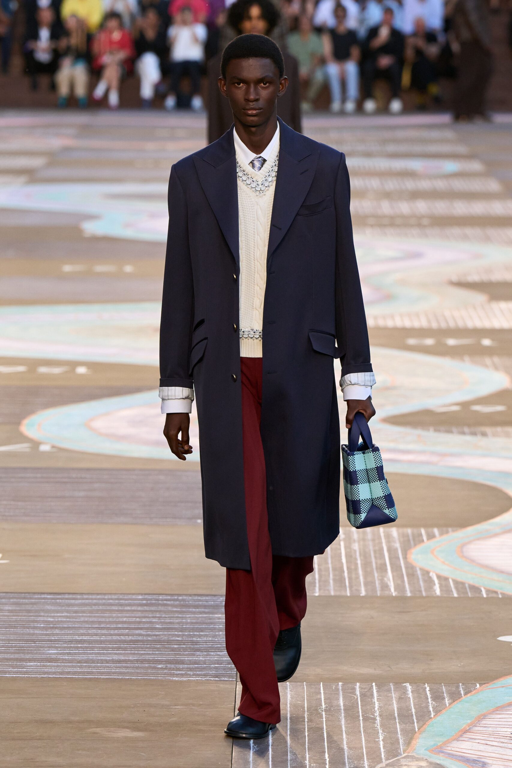 blue wool long-sleeve collared tailored buttoned coat