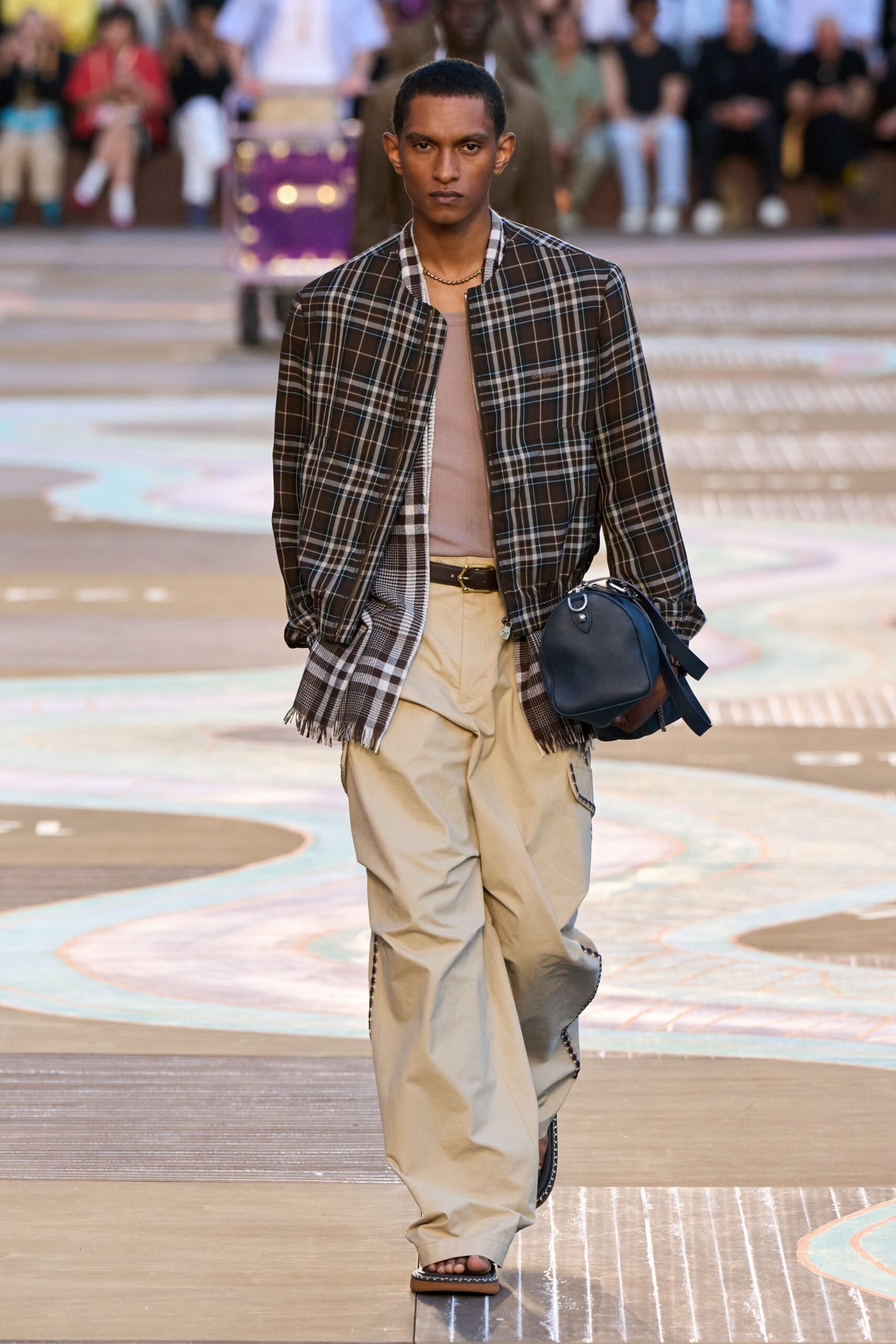 brown checked jacket beige top