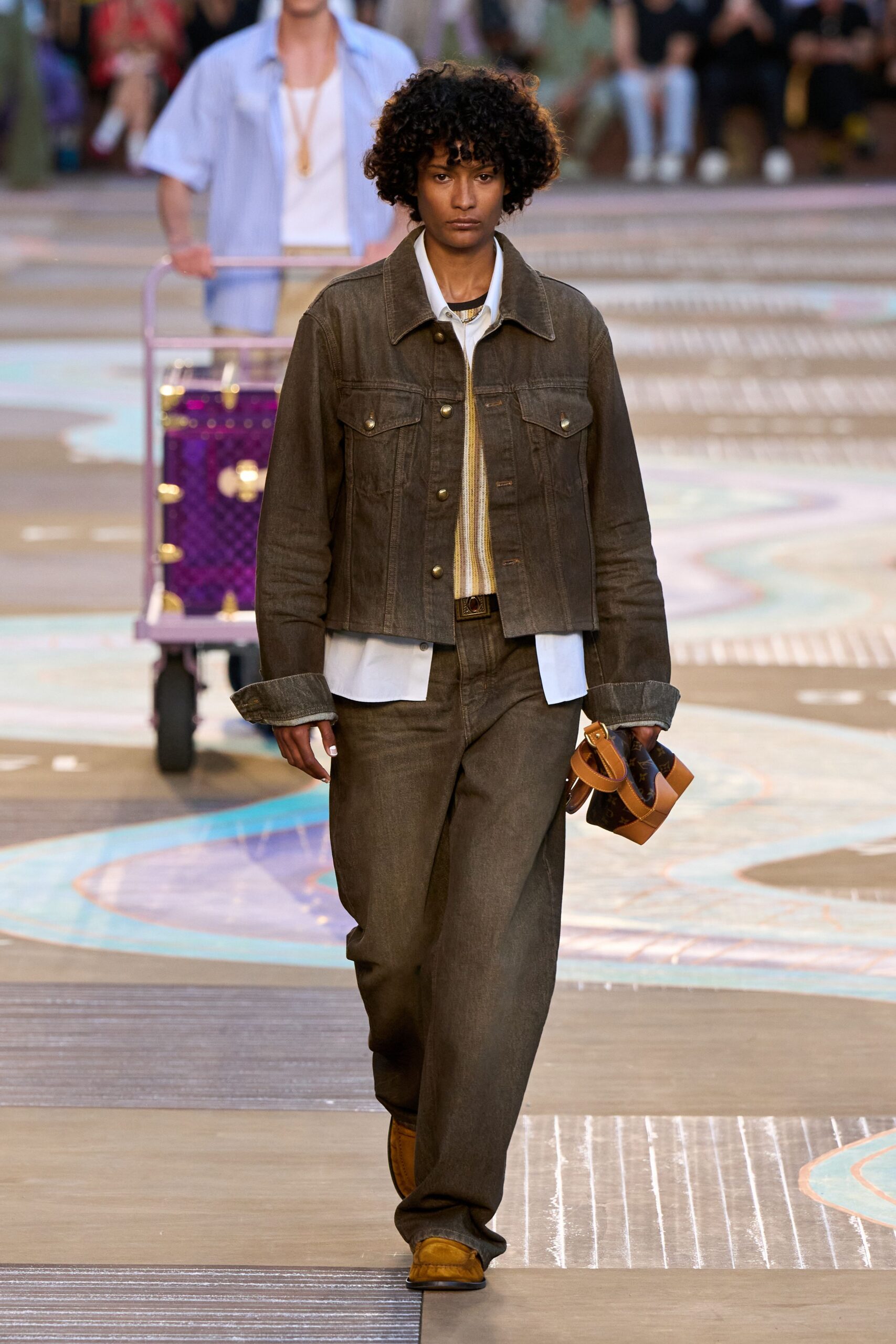brown denim long-sleeve collared fitted jacket