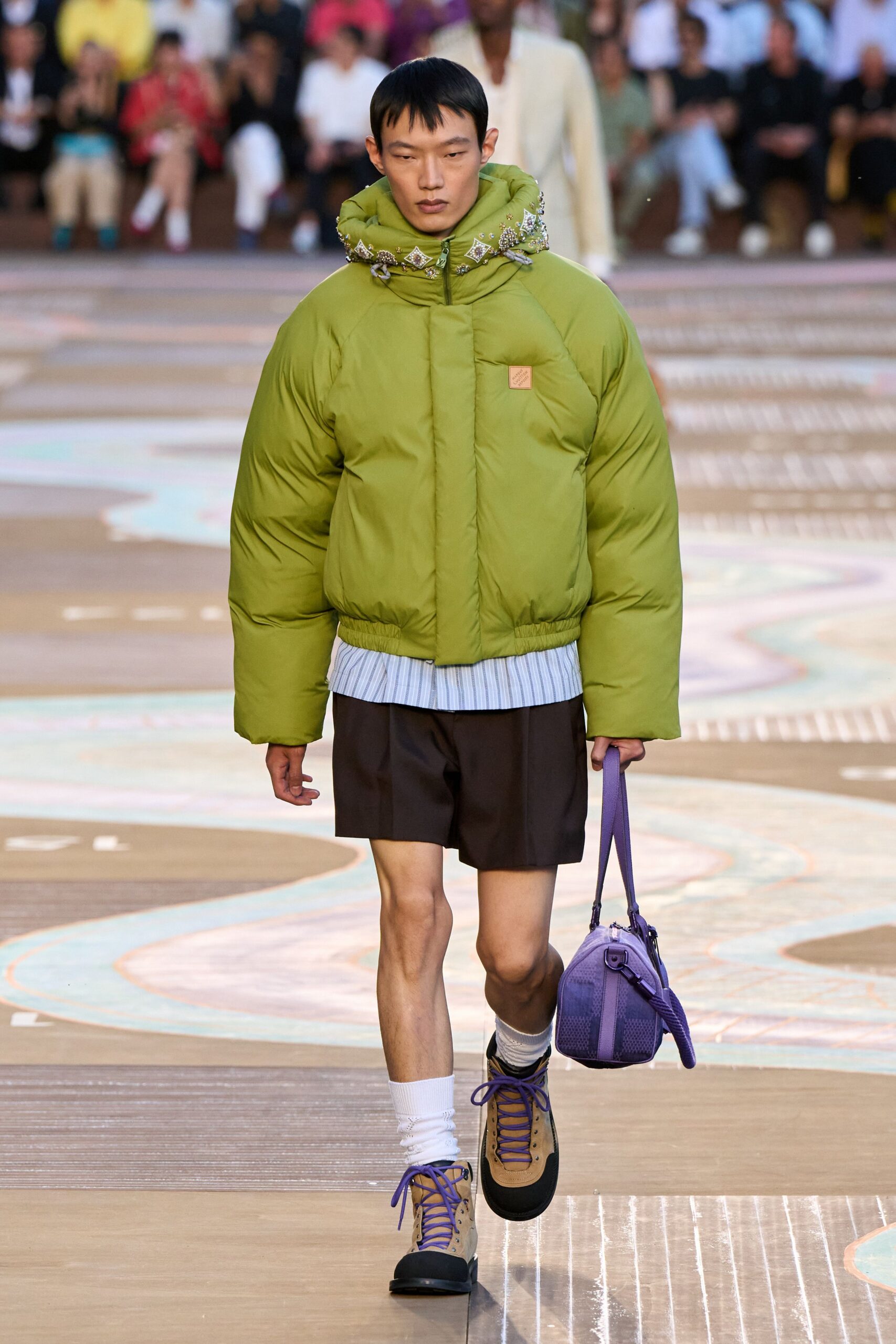 green padded jacket with shorts