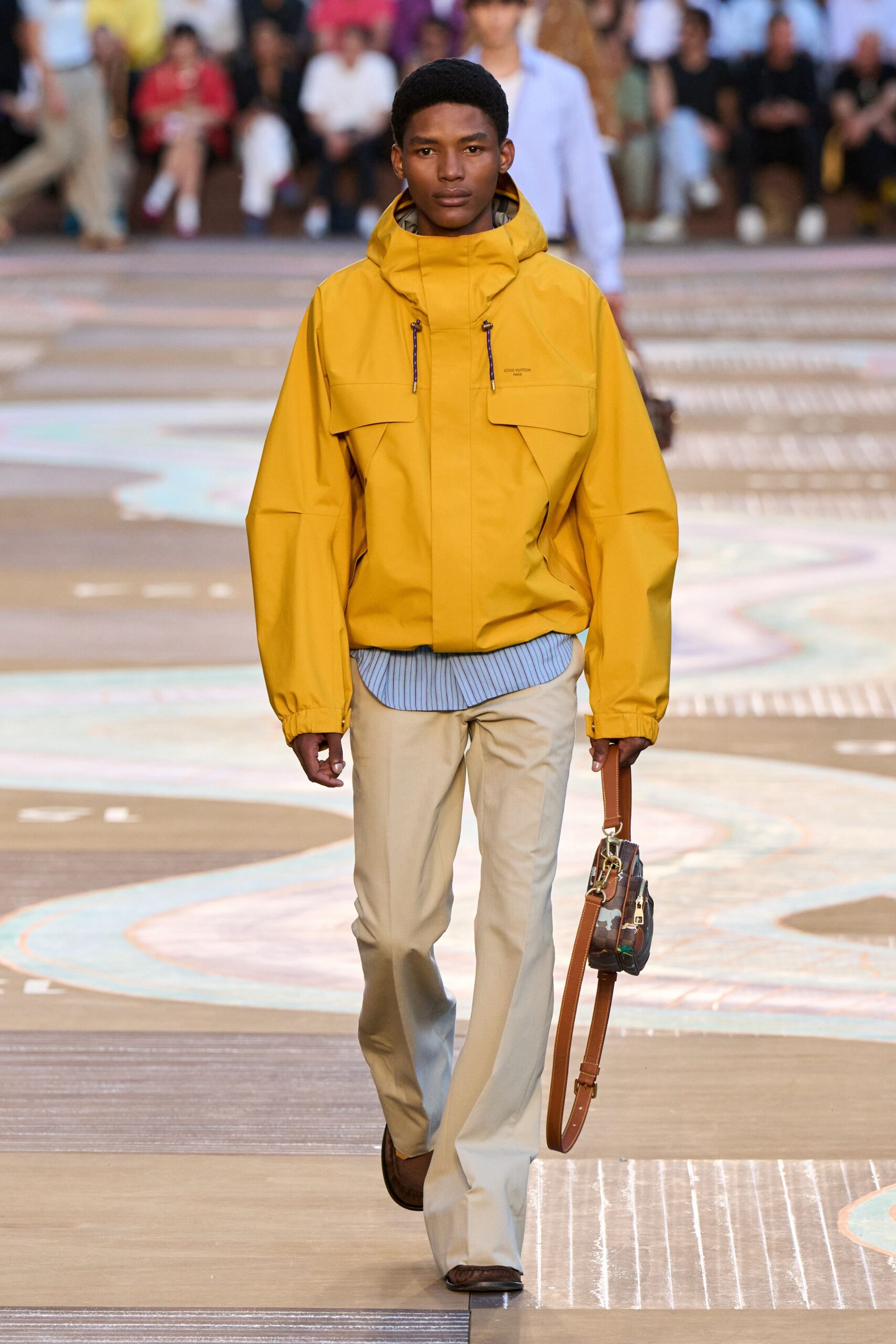 yellow jacket with striped shirt