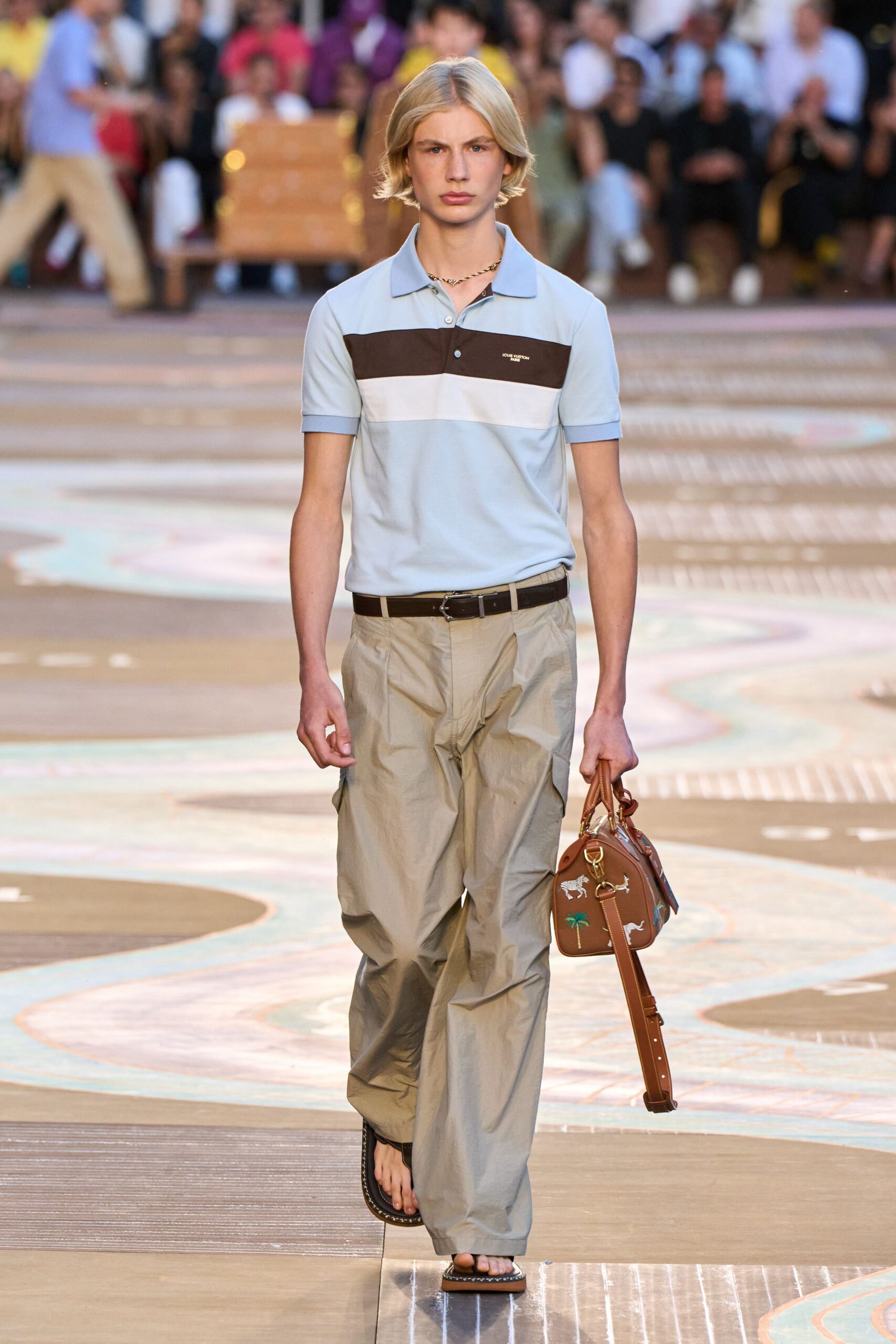 light blue collared shirt with beige cargo pants