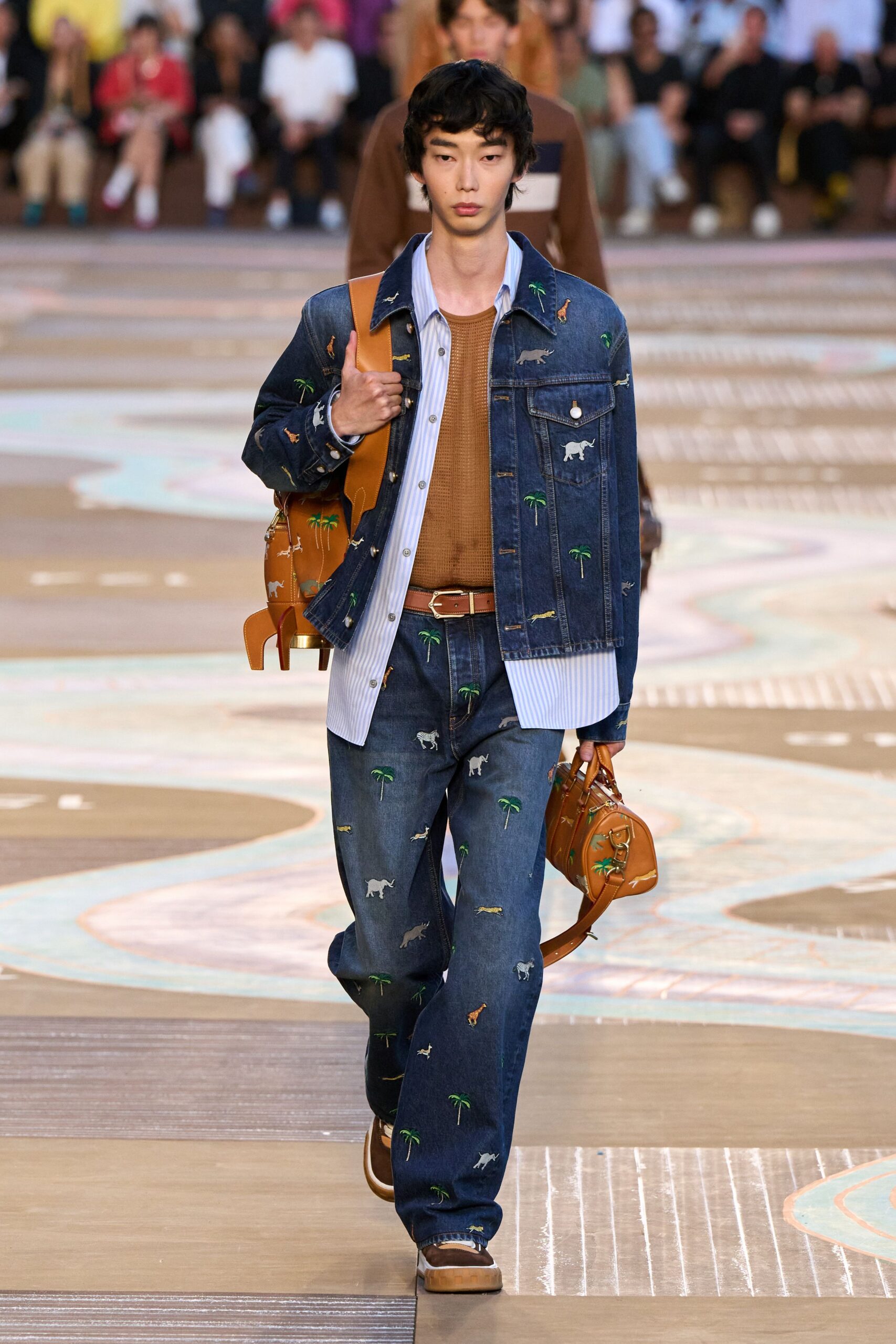 blue denim long-sleeve collared relaxed embroidered jacket