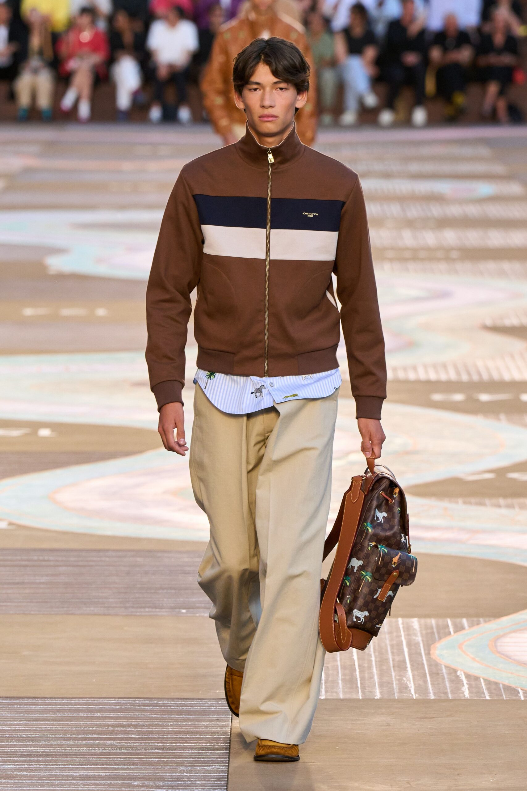 brown color-blocked jacket with beige pants
