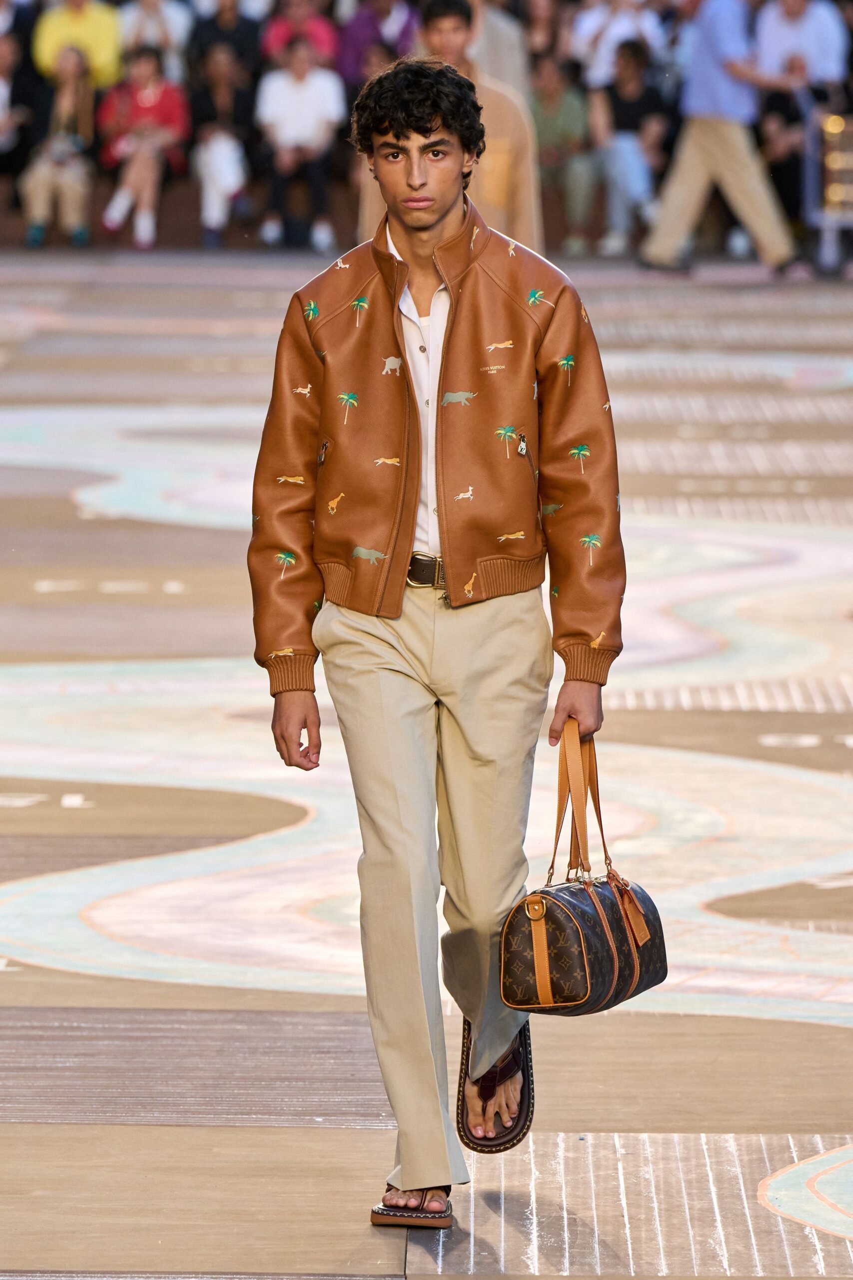 brown leather long-sleeve collared fitted embroidered jacket