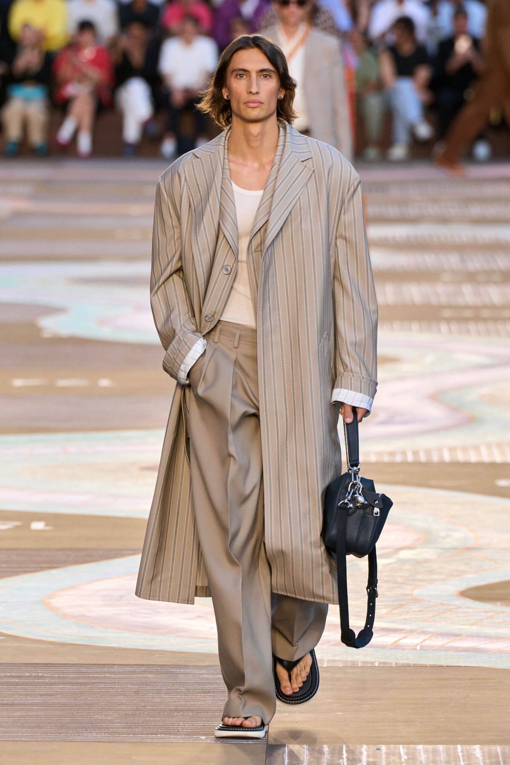 beige striped coat with gray pants