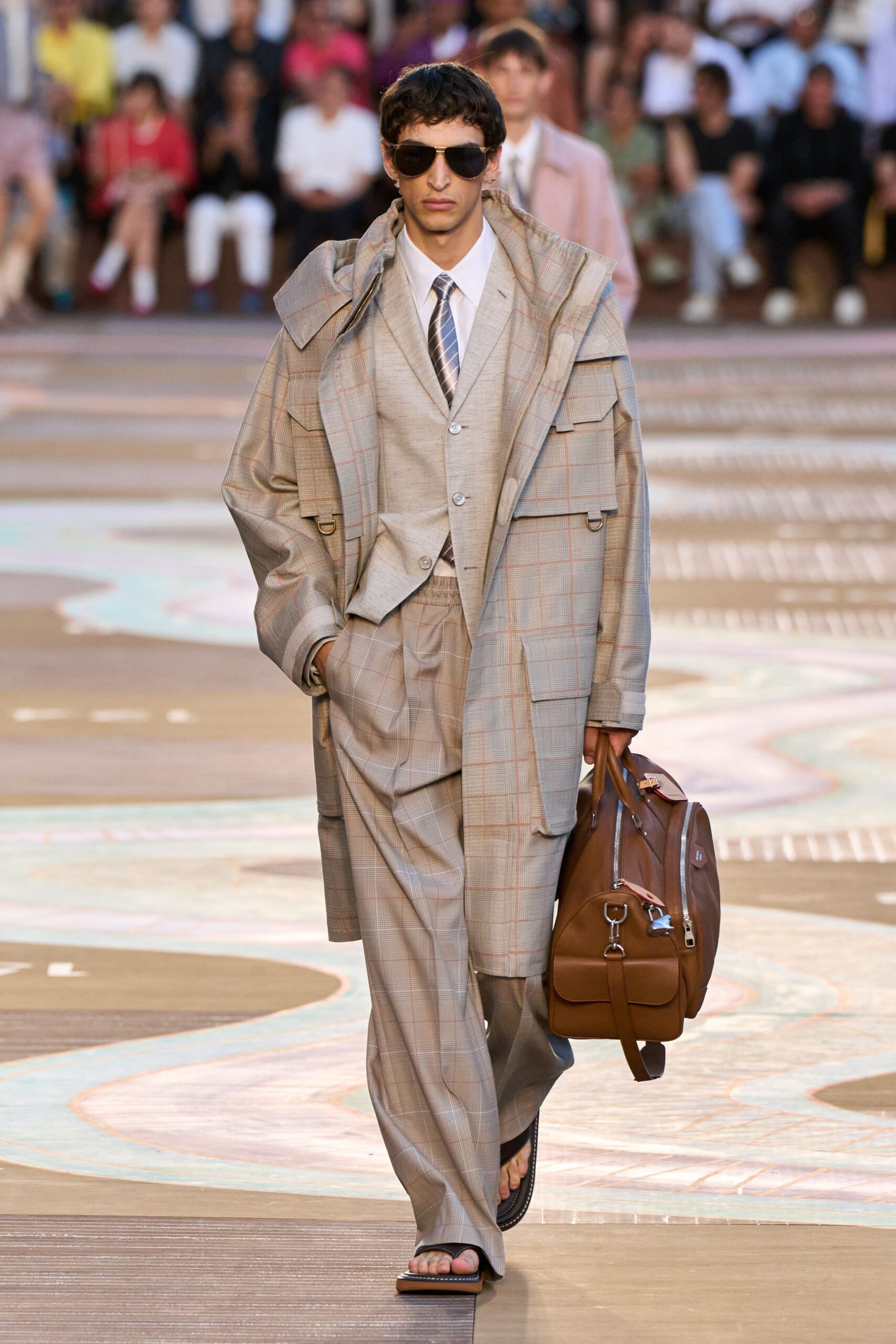beige checked tailored suit with bag