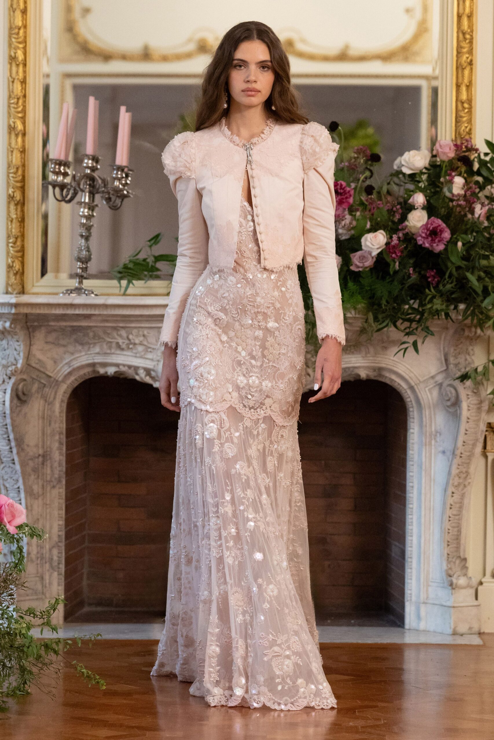pink lace sleeveless v-neck fitted embroidered tiered gown