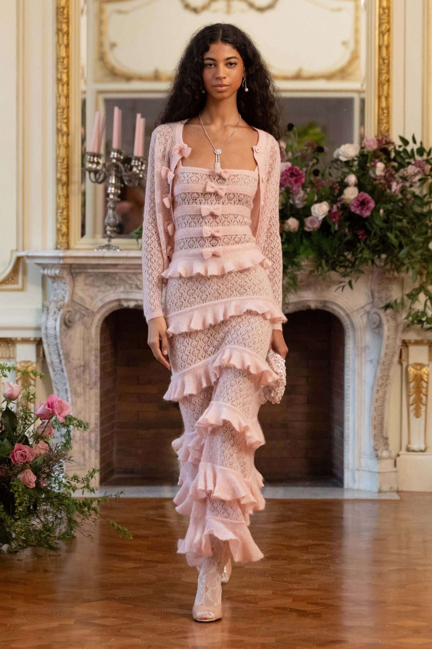 pink lace sleeveless v-neck fitted ruffled tiered dress