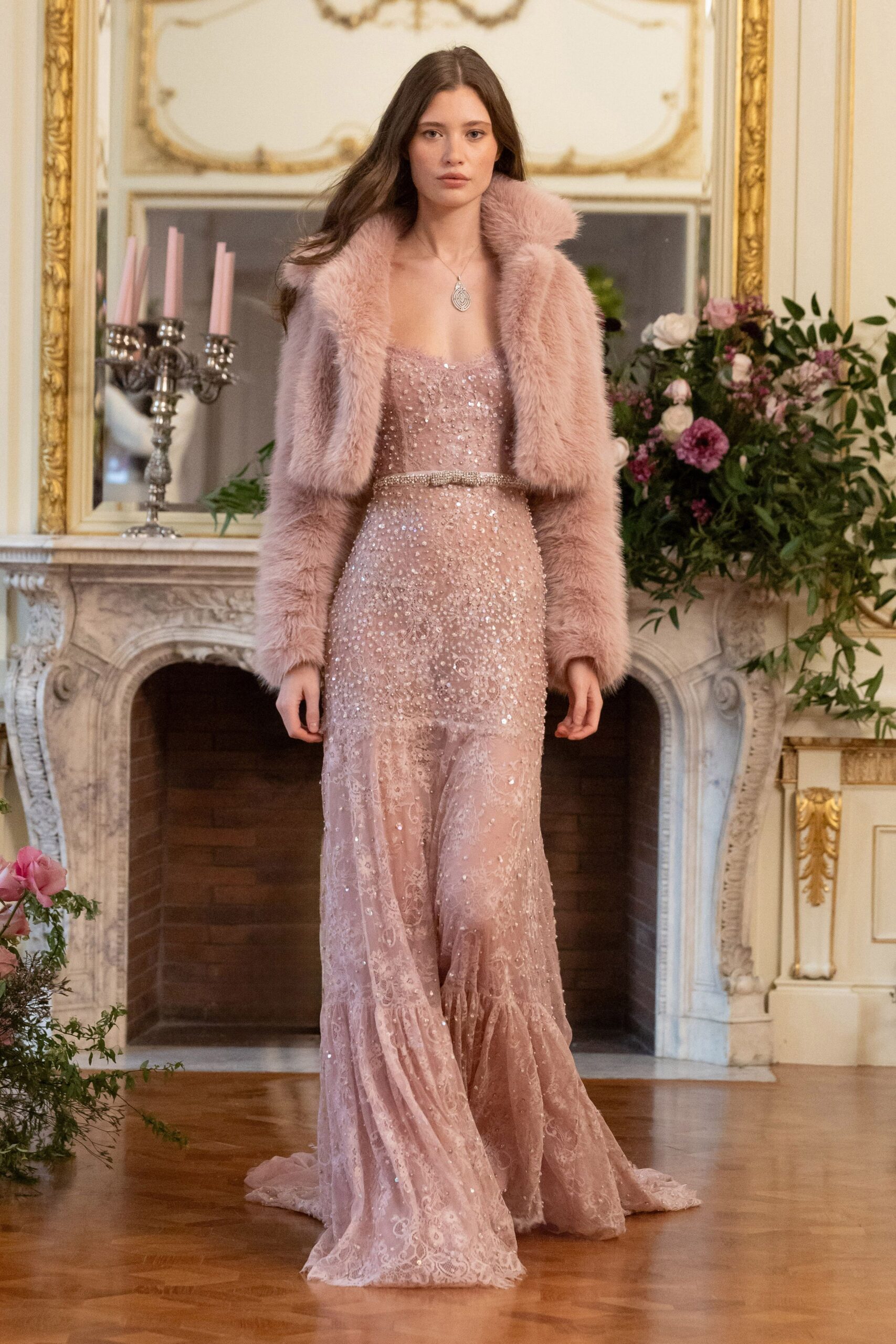 pink silk sleeveless v-neck fitted beaded gown