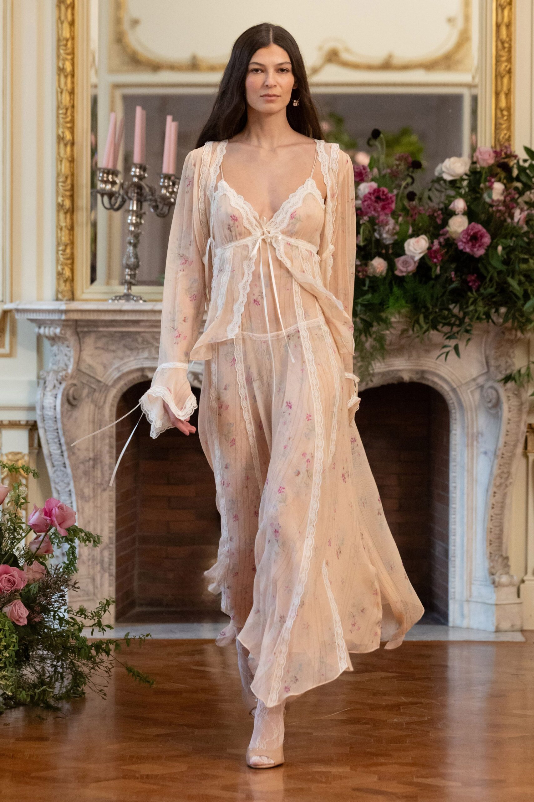 pink silk sleeveless v-neck fitted floral layered gown