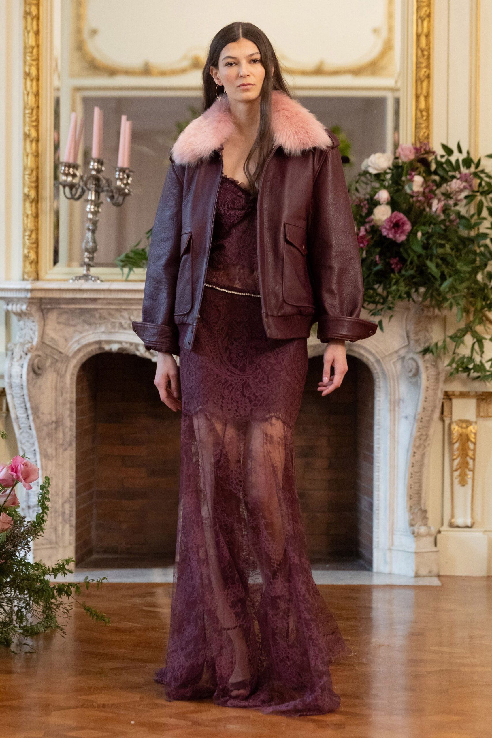 purple lace sleeveless v-neck fitted tiered gown