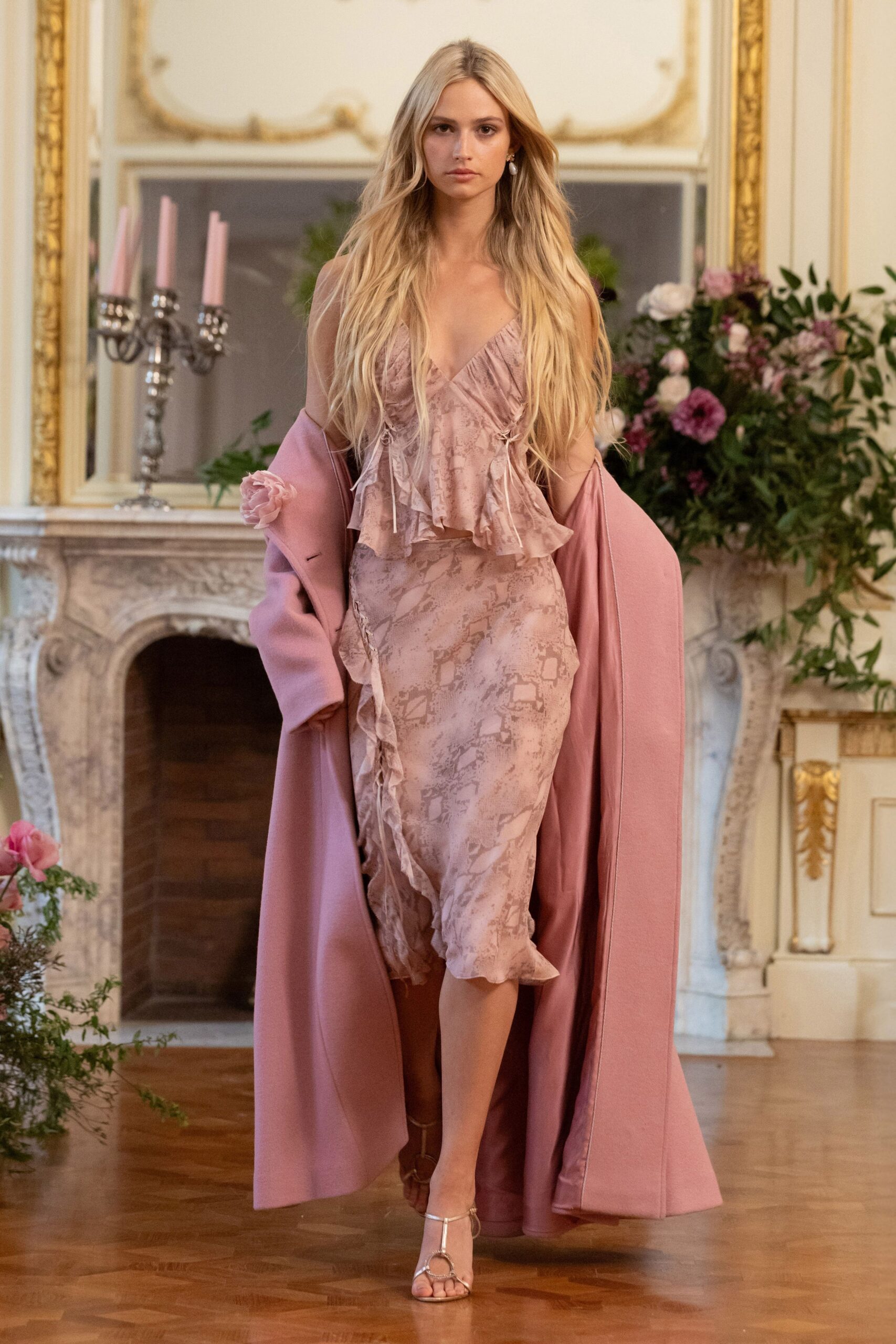 pink wool long-sleeve collared oversized belted coat