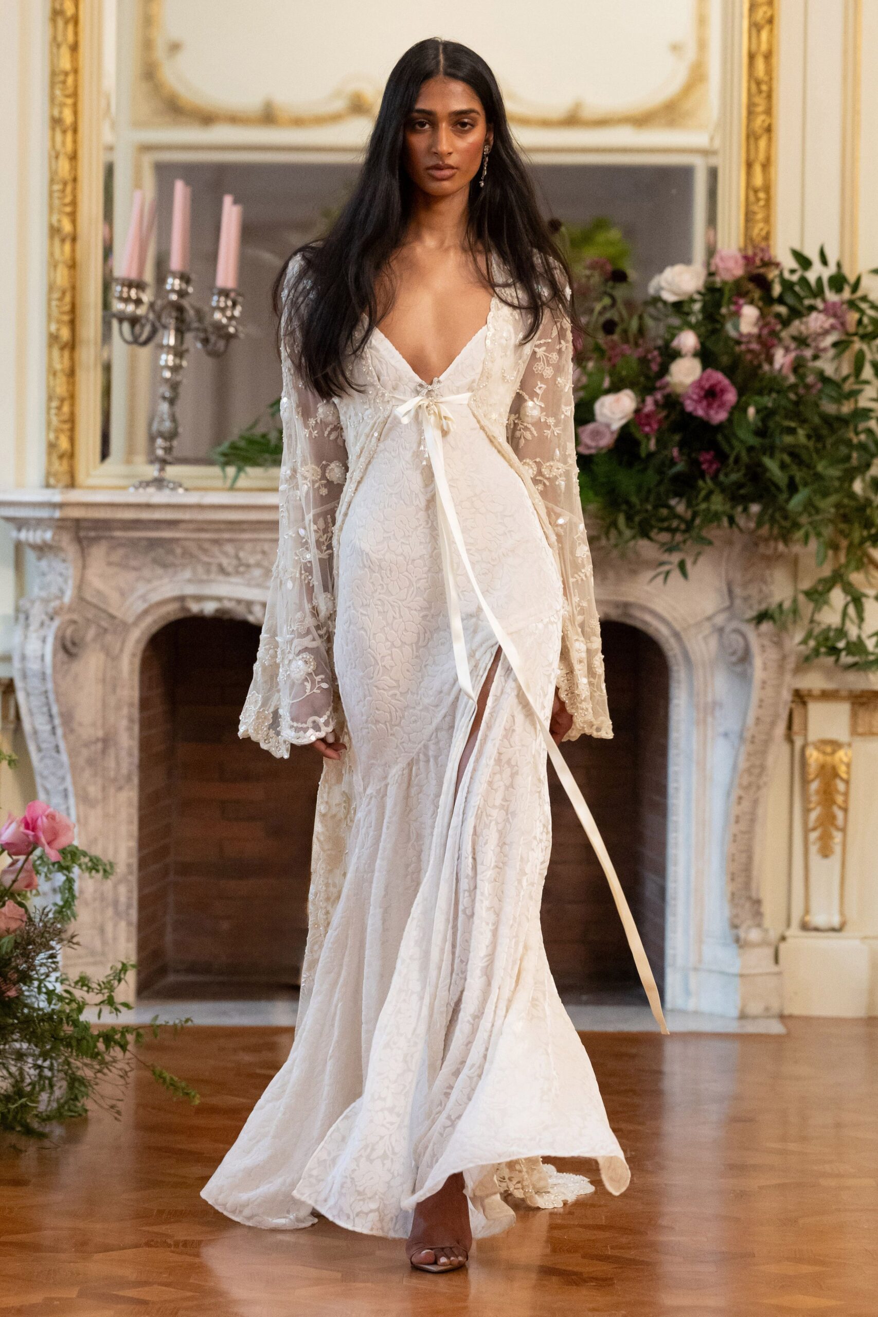 white lace long-sleeve v-neck fitted pleated tiered gown