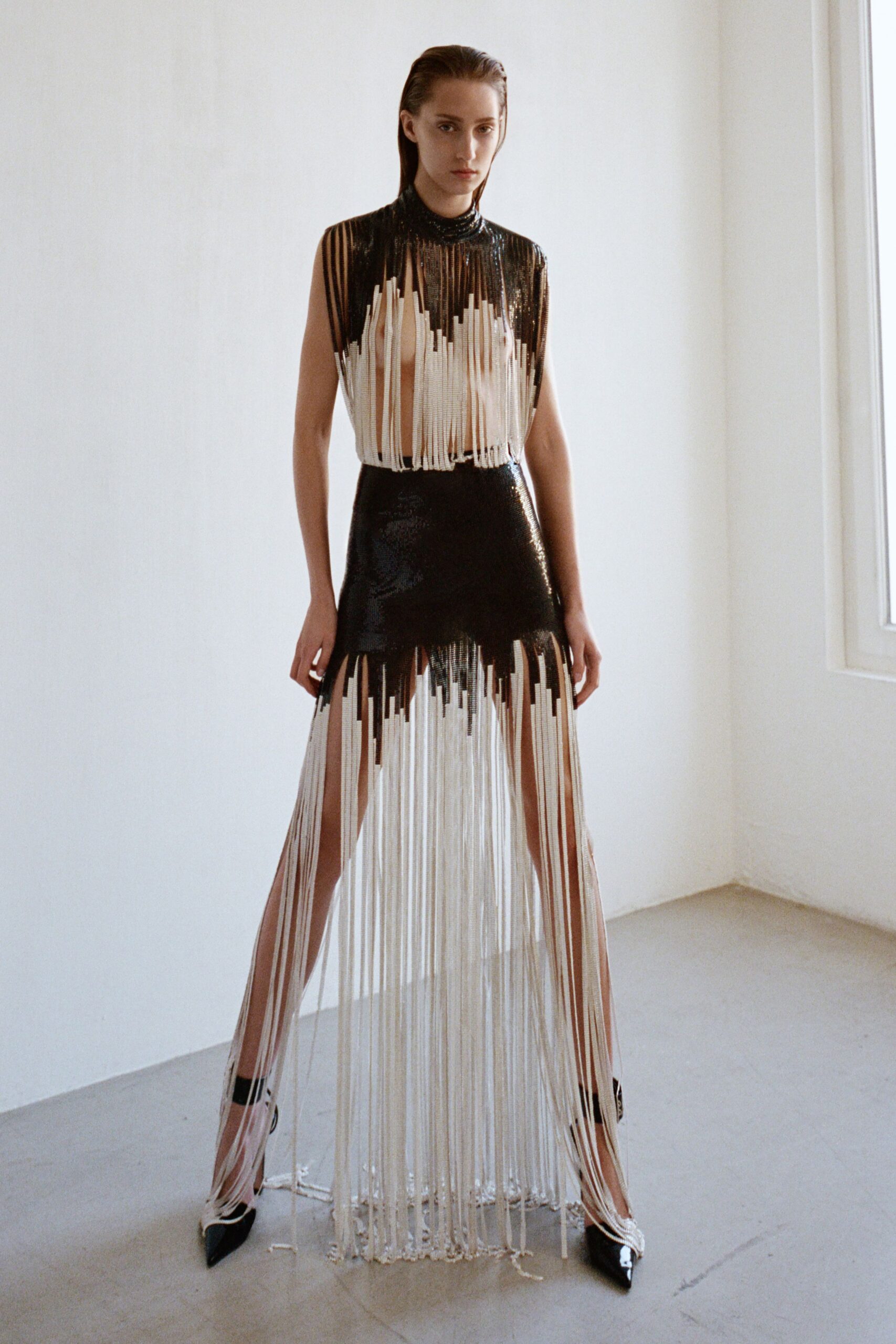 black sequin sleeveless high-neck fitted fringed layered dress