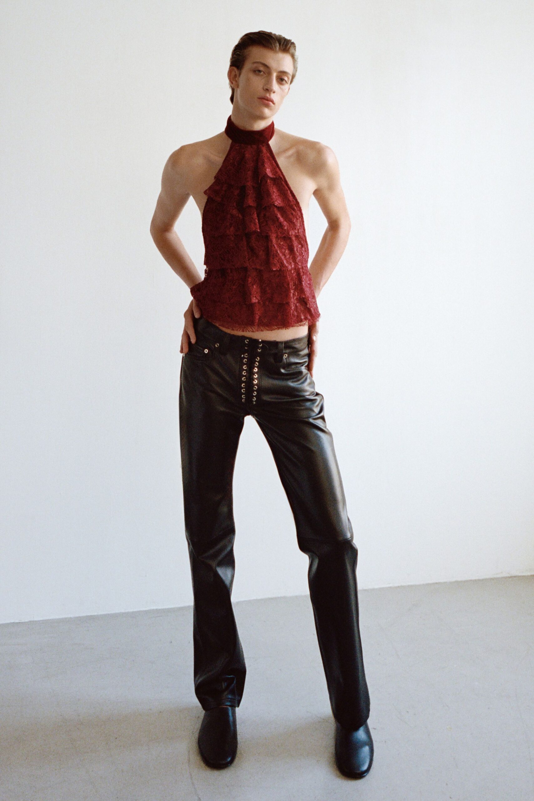 red lace sleeveless halter fitted ruffled top