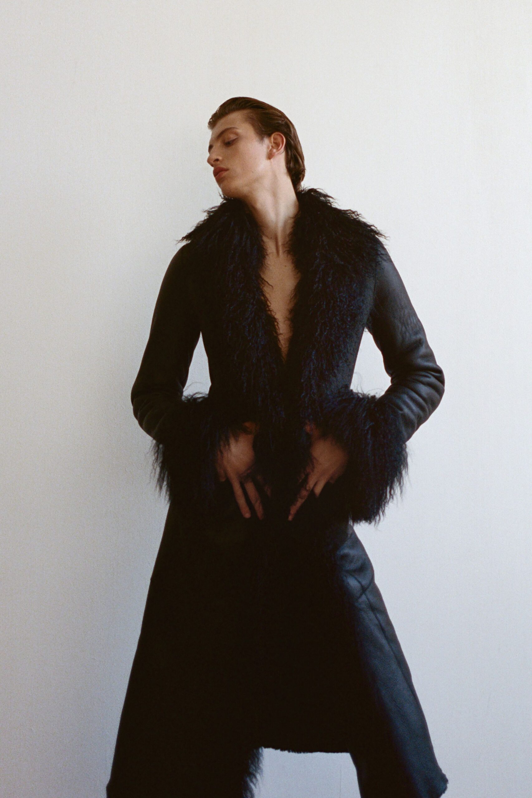 black leather fur coat