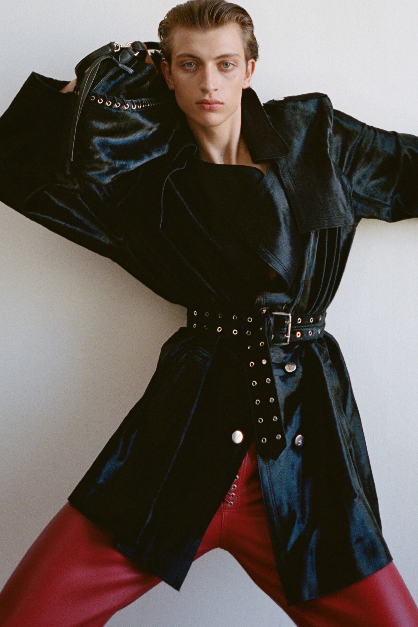 red leather slim zippered pants